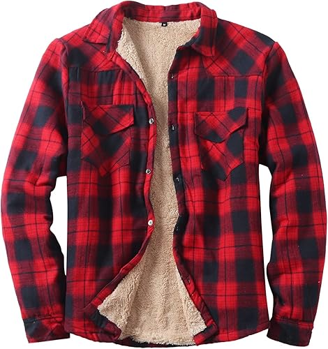 EELHOE Men's Fleece Hooded Plaid Shirts Jacket Winter Cotton Warm Coats Sherpa Lined Button Down Hoodie Flannel Sweatshirt