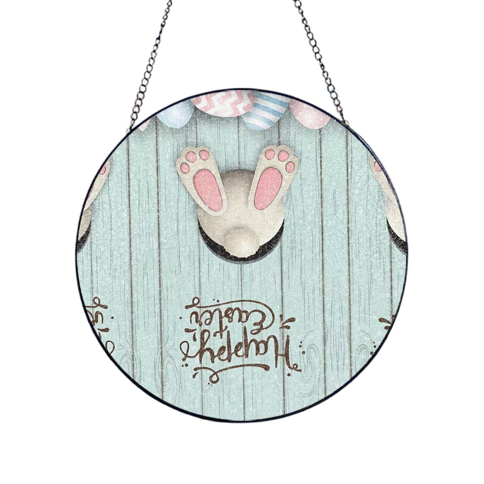Phayah Happy Easter Eggs Bunny Tail Print Glass Window Hanging Round Suncatcher Glass Ornament Garden Wall Fence Decorations Indoor Outdoor 12in（30cm）