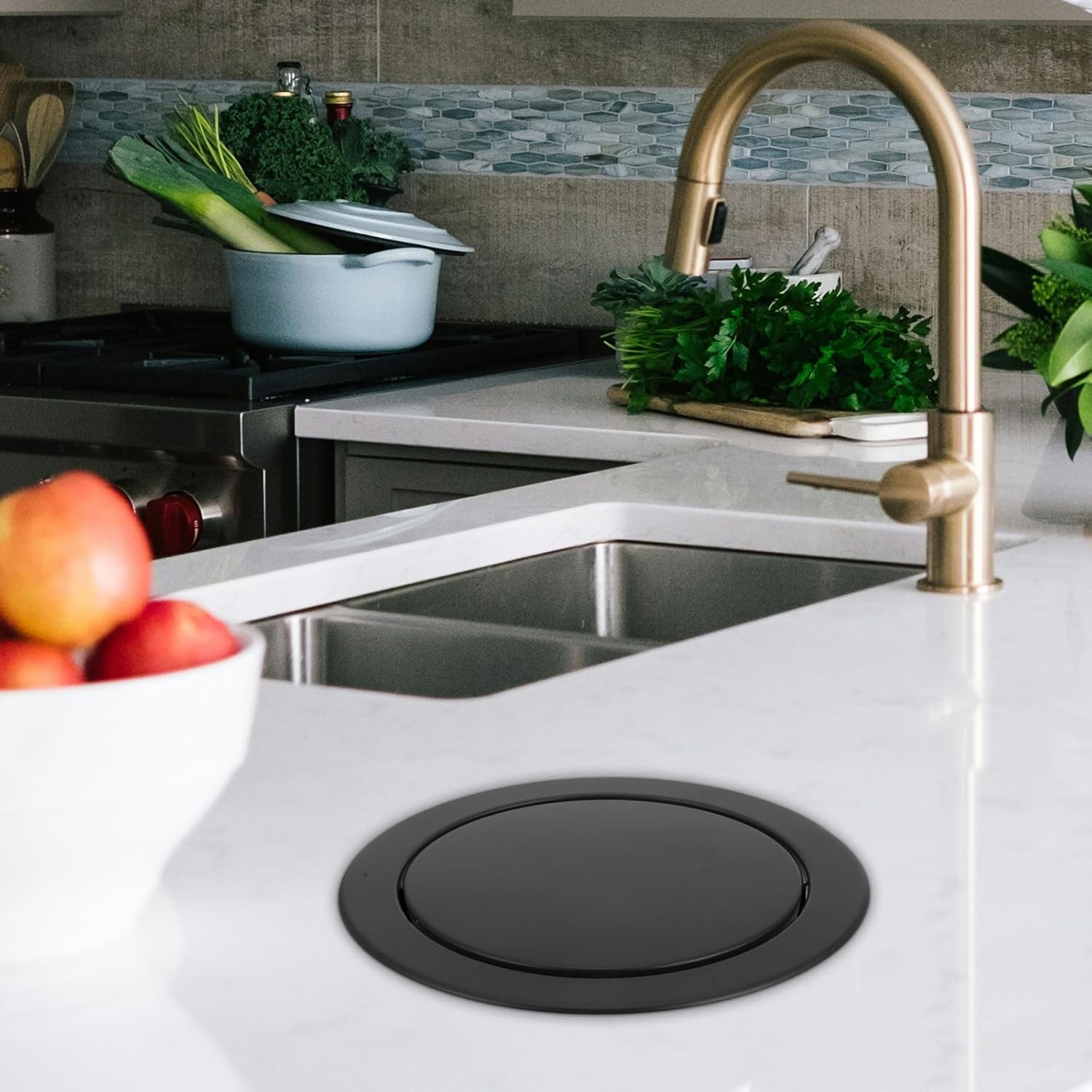 Stainless Steel Countertop Trash Can Lid Recessed round Swing Flap Cover 19.3-23cm Opening for Kitchen Bathroom Office Waste Bin