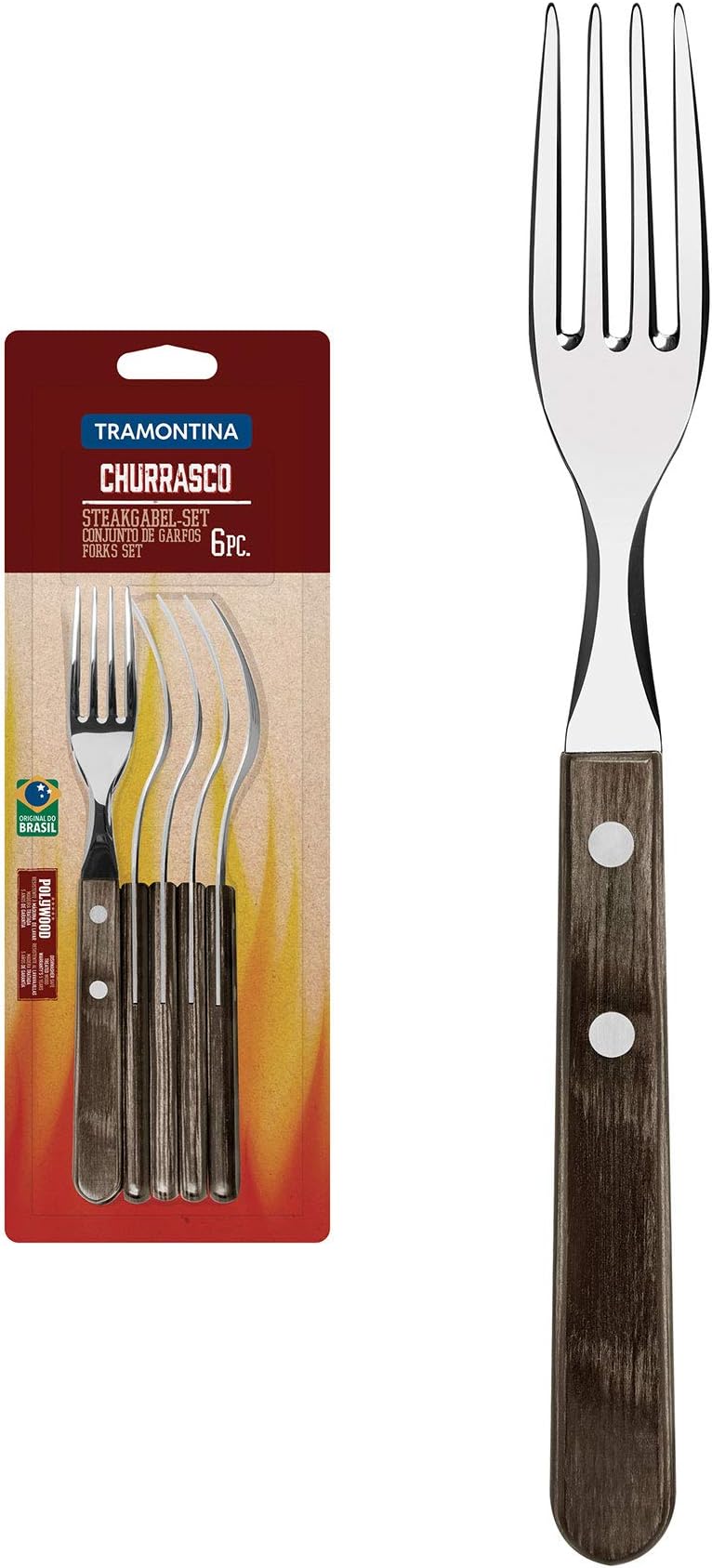 TramontinaChurrasco 6 Pieces Stainless Steel Steak Fork Set with Treated Brown Polywood Handles