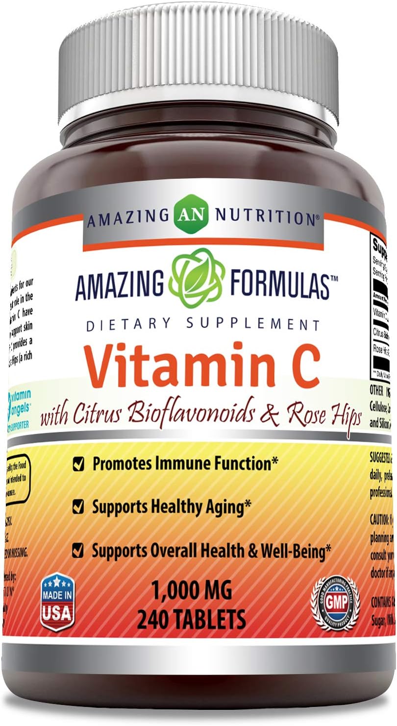 Amazing Formulas Vitamin C (Ascorbic Acid) - 1000mg with Rose Hips & Citrus Bioflavonoids -Promotes Immune Function -Supports Healthy Aging -Non-GMO, Gluten Free (240 Tablets)
