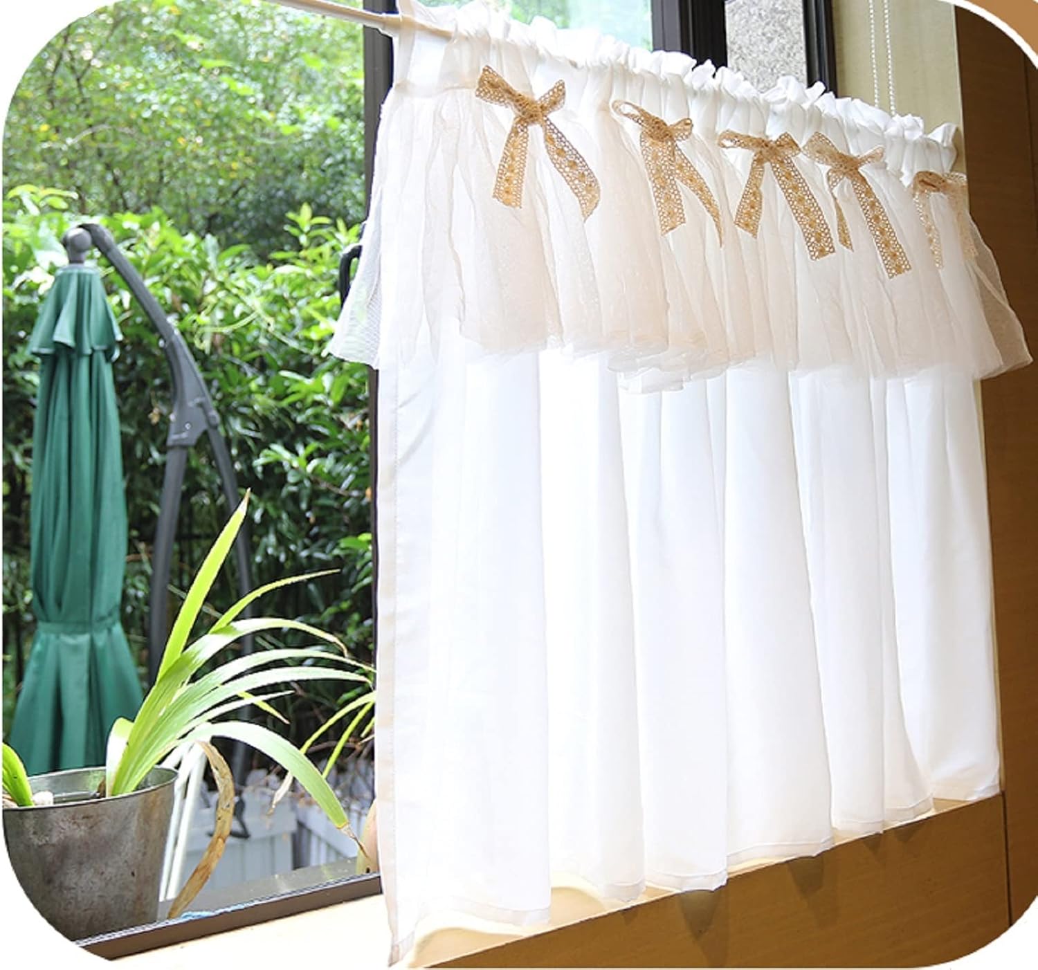 Sheer Voile Valances Window Curtains Bow Gauze Textured Cafe Tier Drapes and Curtains for Small Kitchen Bedroom Nursery Living Room Windows 130(W) x60cm(H) 51.18(W) X23.62INCH(H)