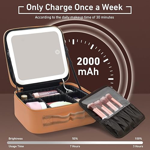 Miniatura 5 de RRtide Bolsa de maquillaje con espejo de luz LED, estuche de viaje para maquillaje, organizador de bolsas de cosméticos con divisores ajustables,