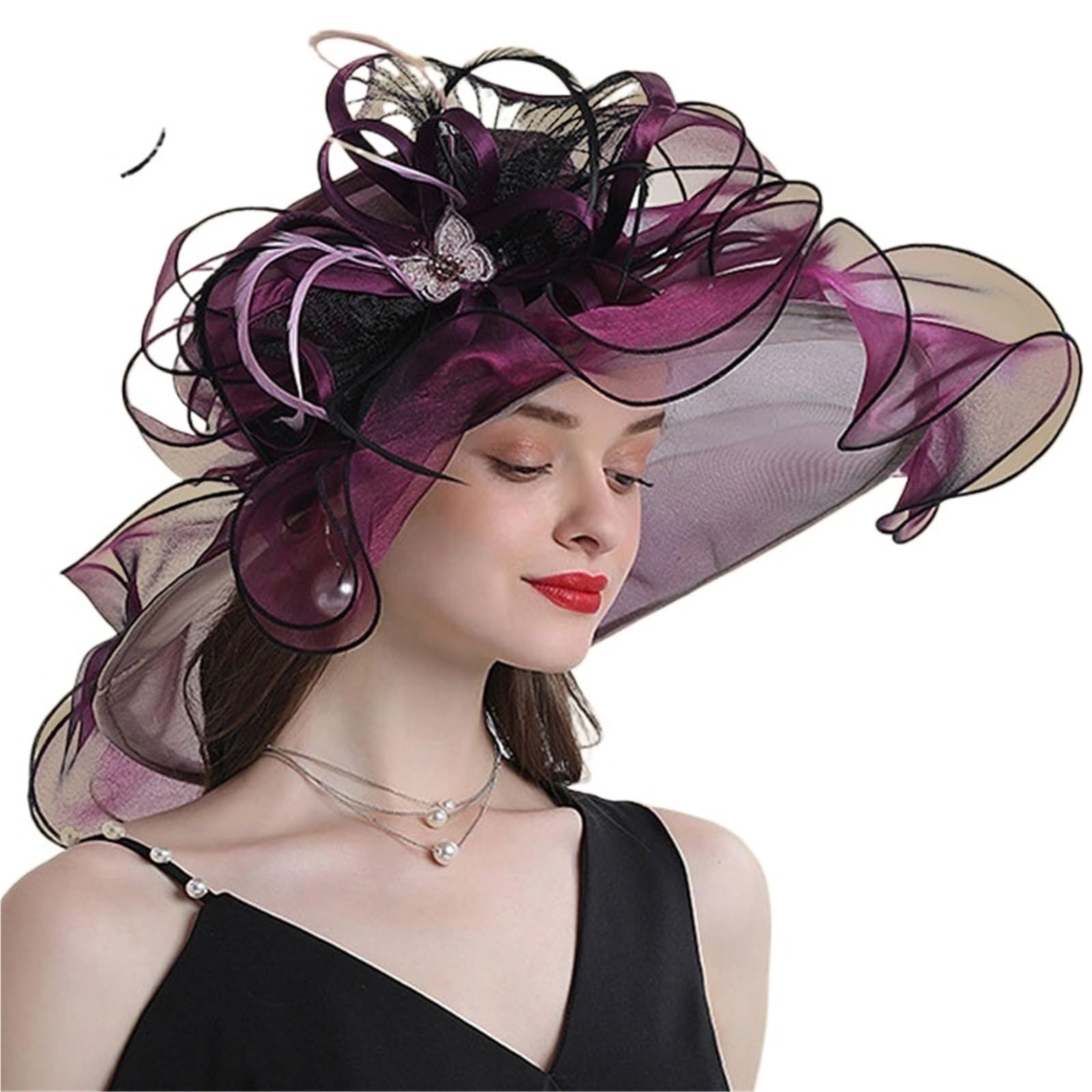 Cappelli da Fascinator a Tesa Larga Grande for Donna, Cappello Fedora in Organza, Fiore Bianco, Sole, Matrimonio, Tea Party, Chiesa