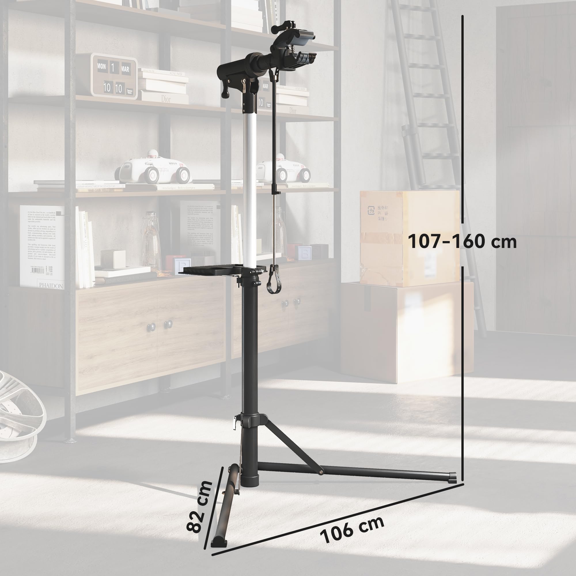 HOMCOM Soporte Tallar Bicicleta de Aluminio, Caballete para Bicicleta Plegable con Bandeja Magnética, Altura Ajustable 107-160 cm y Giratoria 360°, Caballete de Reparación de Bici Carga 40 kg, Negro