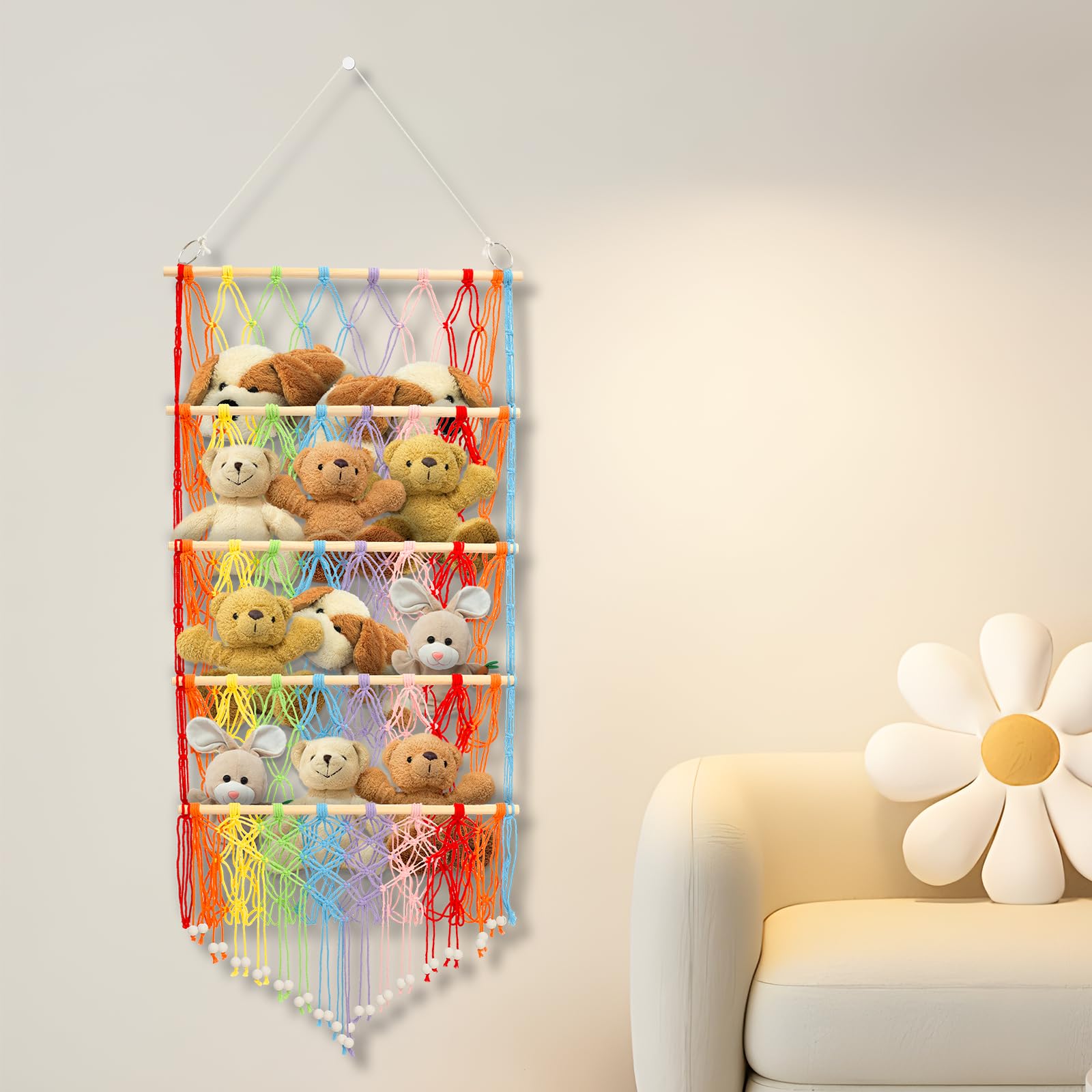 Sutowe 4-layer Versatile Plush Toy Holder Large-Capacity Vertical Toy Storage Organizer Safe Nursery Hanging Organizer Stable Stuffed Animals Holder for Kids Children Bedroom(colour)