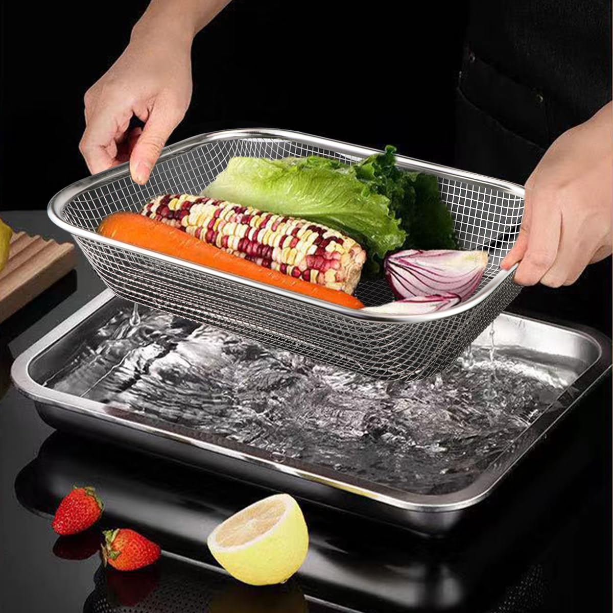 DOERDO Stainless Steel Utensil Holder Vegetable Fruit Colander Fruit Strainer Basket for Kitchen Picnics 14.8x10.9Inch - Image 3