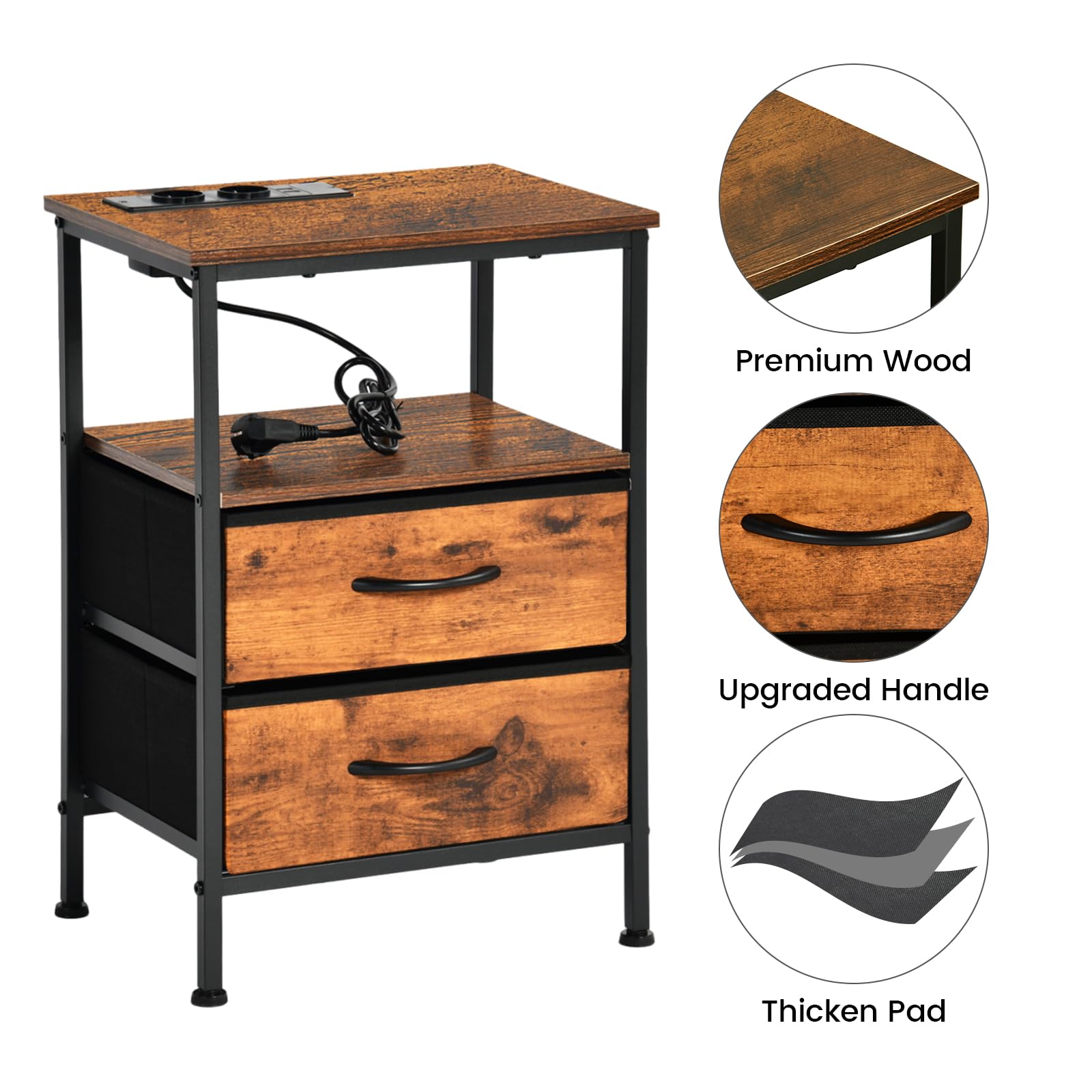 EGGREE Table de Chevet avec Station de Charge USB et Tiroirs en Tissu, Étagère,avec Ports USB et Prises de Courant, pour Chambre, Hôtel, Appartement, Petits Espaces. Marron Vintage