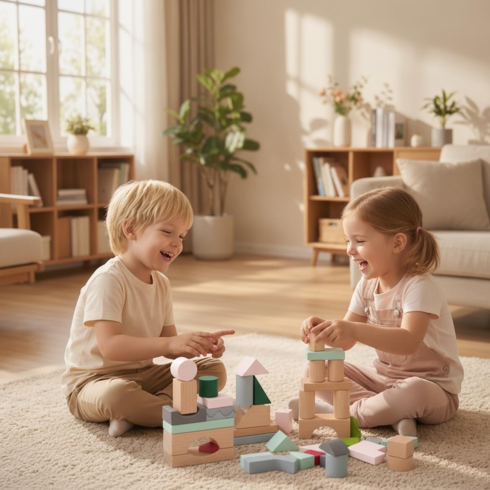 Gralara Blocchi di Legno con Vassoio Colorato Set di Blocchi da Costruzione in Legno Naturale Giocattolo per Spazio Giochi, Asilo Nido, Scuola Dell'infanzia