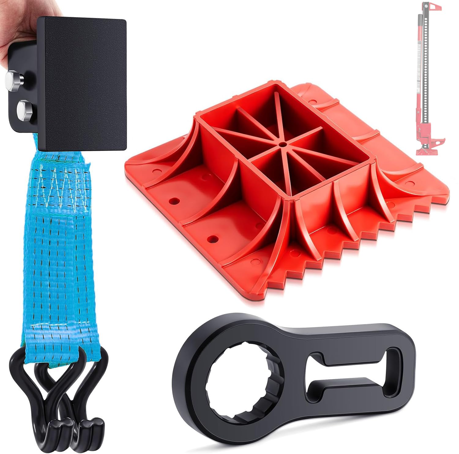 Kit de Accesorios para Gato de trinquete High-Lift: Base de Apoyo + Brida de Soporte + Enganche Ruedas