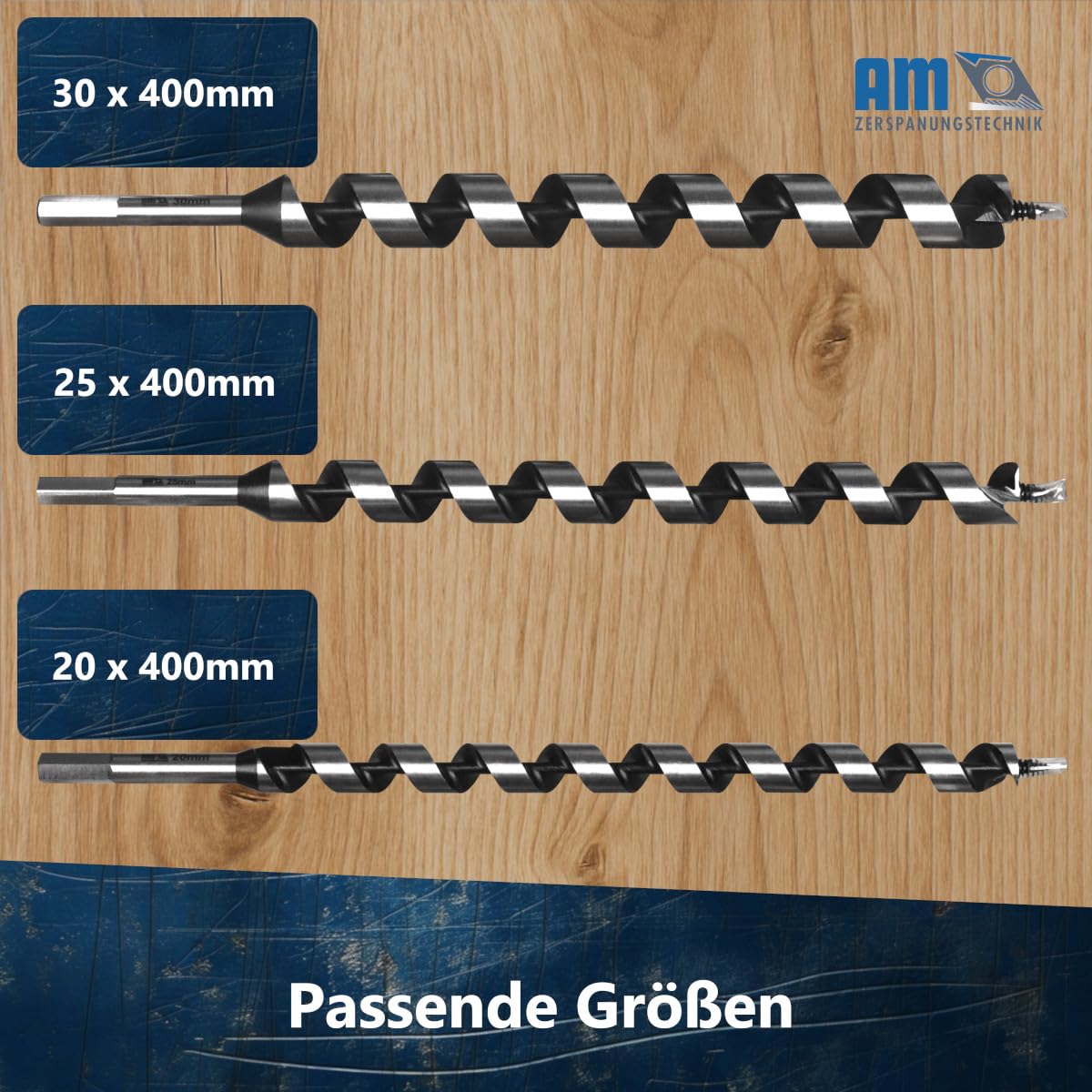 Schlangenbohrer Set Ø20, 25 & 30 x 400mm | Holzbohrer Set 3tlg. | Holzspiralbohrer lang | Balkenbohrer