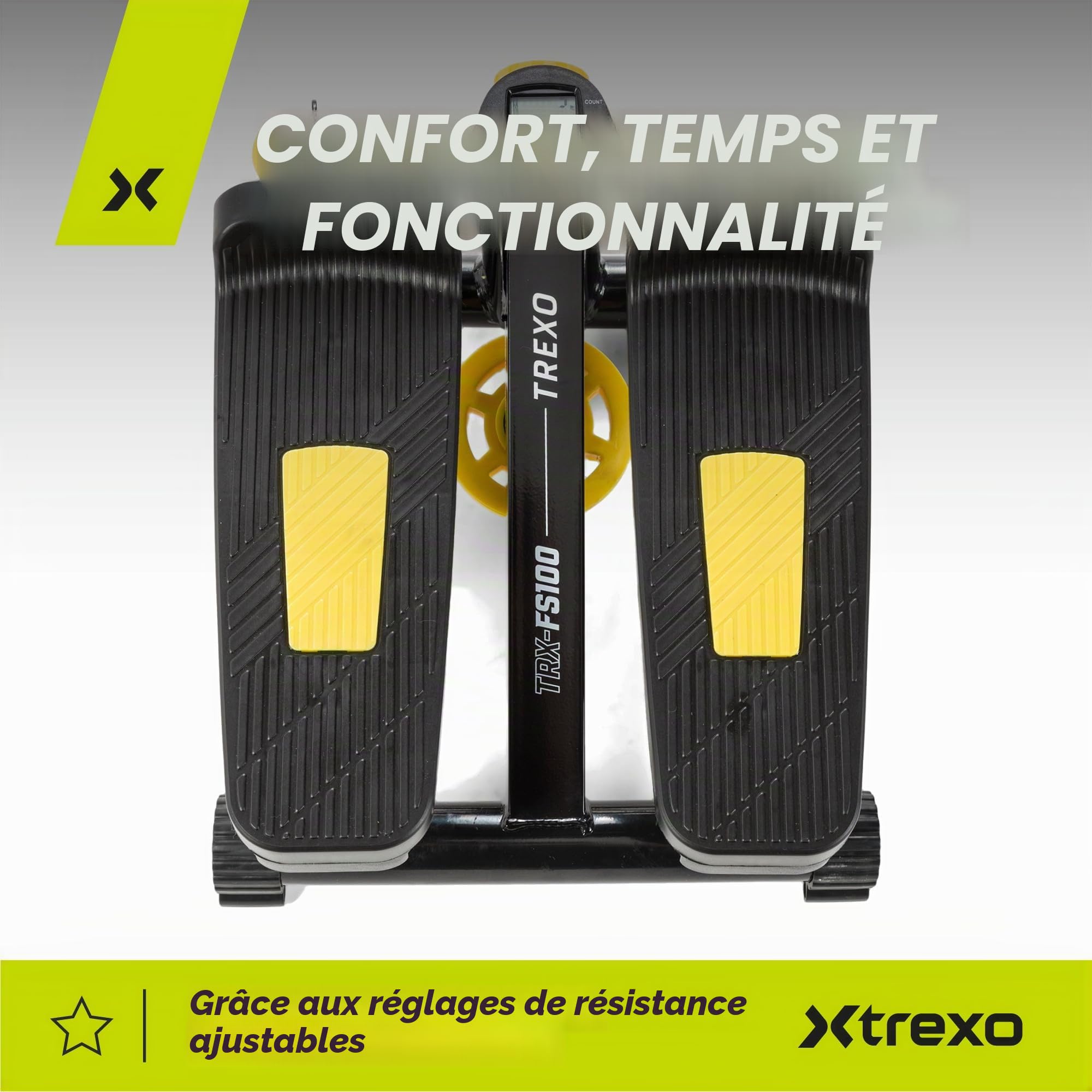 TREXO Stepper pour l'Entraînement à Domicile Fitness Cardio Hauteur des Pédales et Résistance Réglables Affichage Facile à Lire Câbles Robustes Capacité de Charge Jusqu'à 100 kg Noir/Jaune TRX-FS100