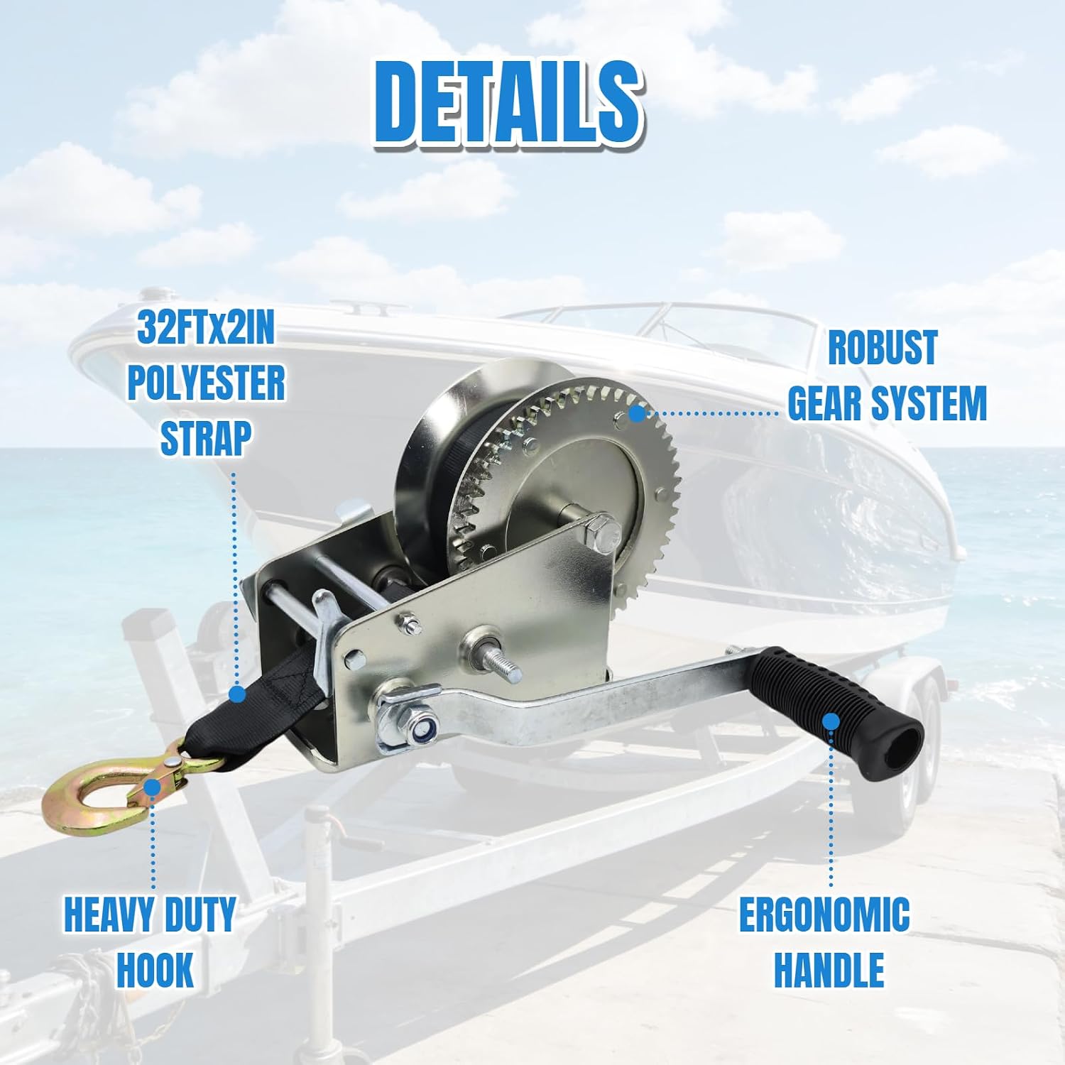 3500lbs Boat Trailer Winch for Trailers，Heavy Duty Hand Manual Winch with 32FT Strap & Hook，for Boat Trailer Winch and Jet Ski Trailer