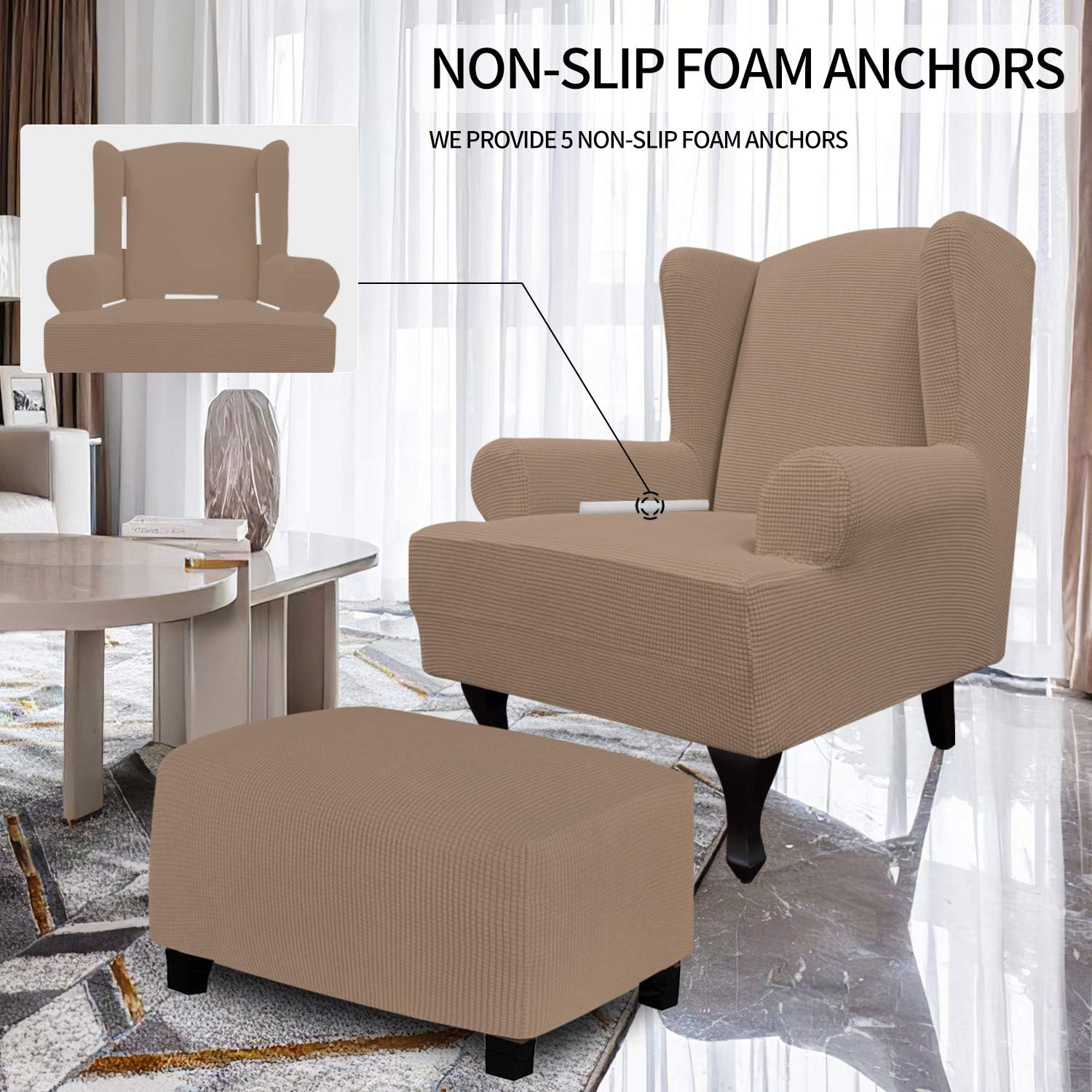 Easy-Going Stretch Wingback Chair Sofa Slipcover 1-Piece Sofa Cover Furniture Protector Couch Soft with Elastic Bottom, Spandex Jacquard Fabric Small Checks(Large,Camel)