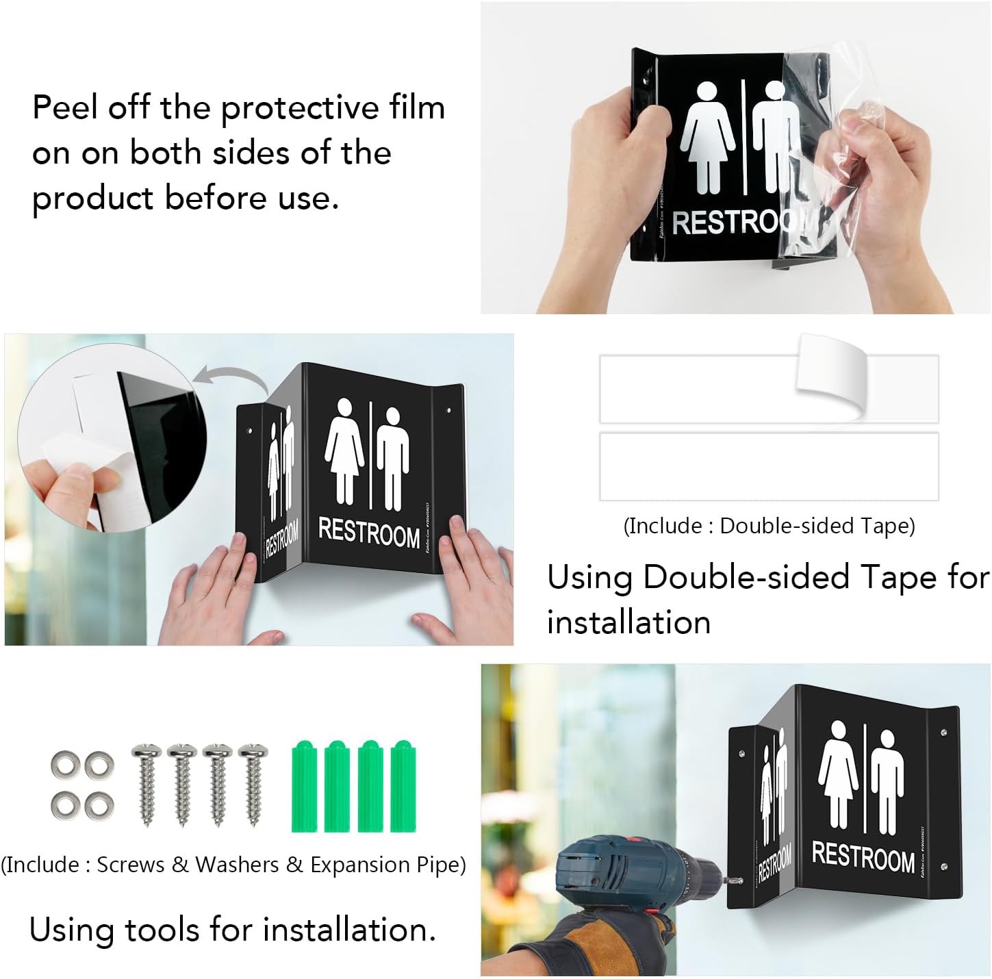 Faittoo Restroom Sign, Bathroom Signs, (4 Pack) 6 x 8 Inches Unisex Acrylic Sign, for Office or Business Bathroom and Toilet Door or Wall Decor, Indoor Outdoor Use (Black)