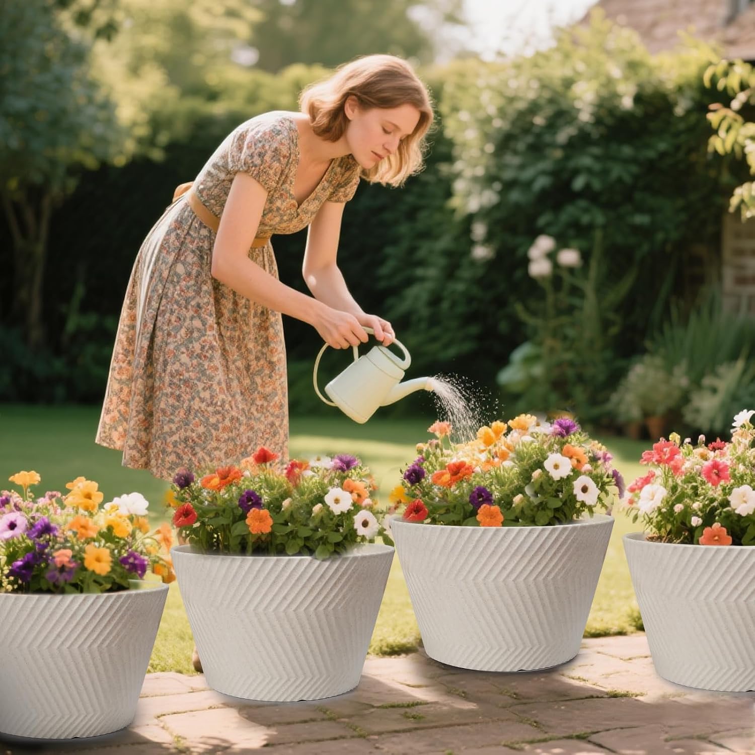 18 inch Big Plant Pots, 2 Pack Large Round Planters for Outdoor Plants, Porch, Patio, Backyard, Durable Plastic Flower Pots, Modern Décor for Tall Plants, Flowers, White