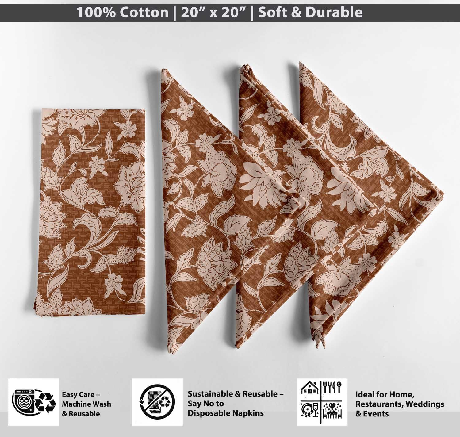 Rustic Brown Floral Block Print Cotton Napkins - Set of 4, 20x20 Inches, Earthy Ethinc Elegance Print Table Linens for Farmhouse, Spring & Summer Parties, Everyday Use- Machine Washable