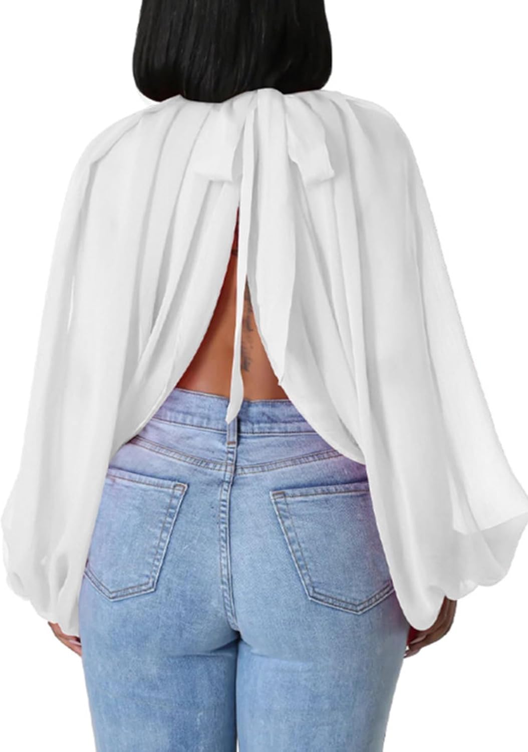 Sexy Tops for Women Party Club Night Batwing Sleeve Chiffon Sheer Self Tie Back Front Open Women Shirts Casual Summer - Image 4