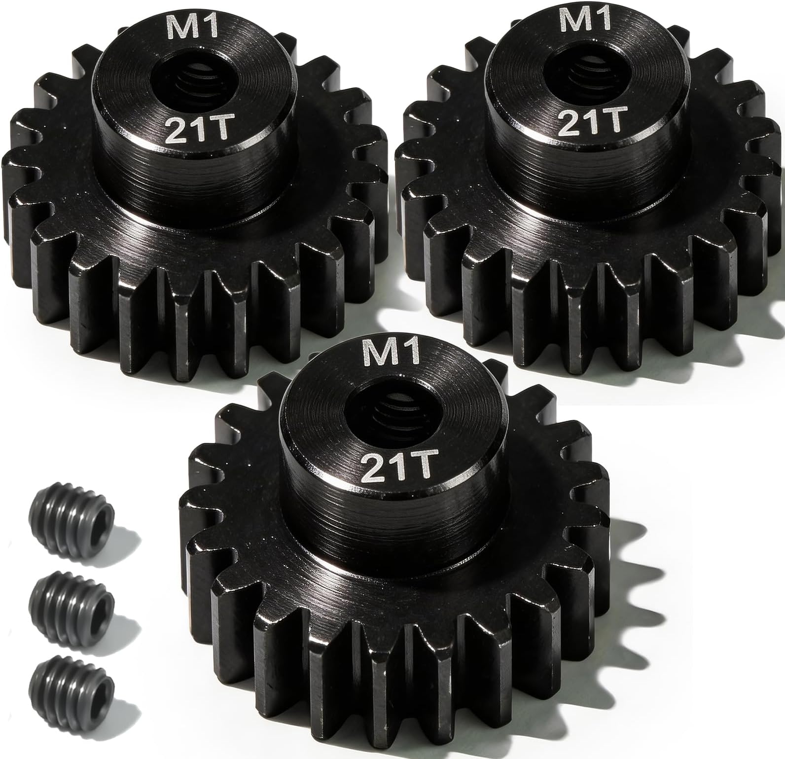 3-Pack Hardened Steel M1 Pinion Gear 21T with 5mm Bore for 1/8 1/10 RC Cars | Mod 1 High-Precision Motor Pinion Gear Compatible with Traxxas Axial, FMS, HSP Redcat Losi RC Crawler Truck Boat