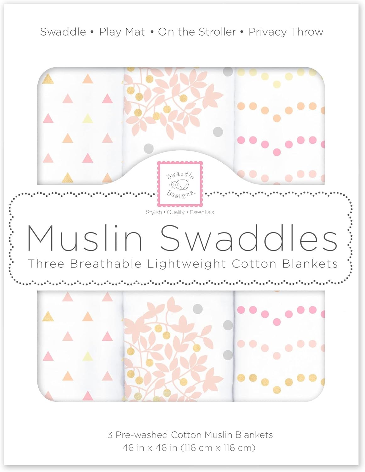 SwaddleDesigns Muslin Swaddle Blankets, Swaddle Blanket for Baby Girl, Heavenly Floral Pinks with Touch of Gold Shimmer, Set of 3