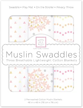 SwaddleDesigns Muslin Swaddle Blankets, Swaddle Blanket for Baby Girl, Heavenly Floral Pinks with Touch of Gold Shimmer, Set of 3