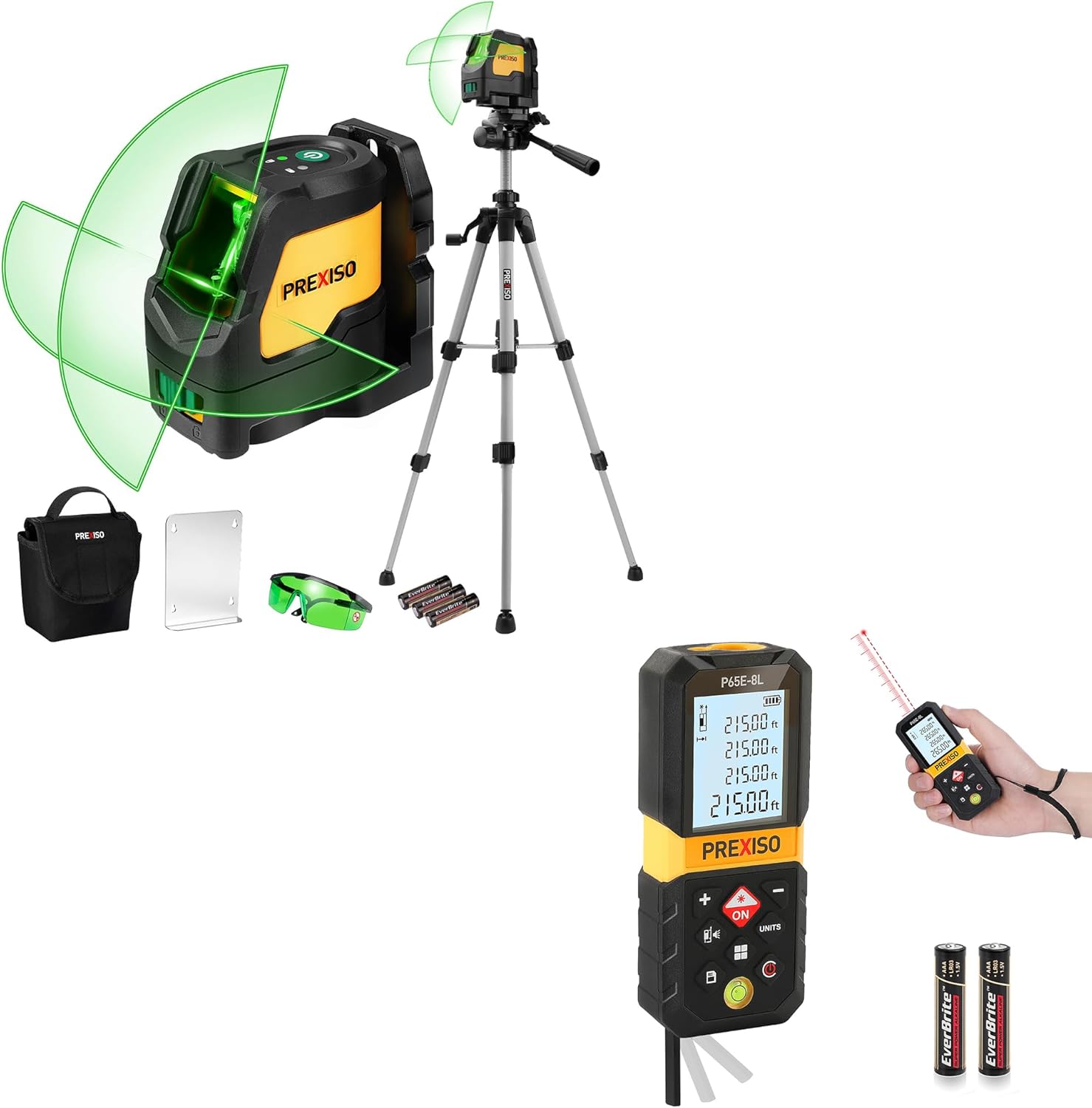 PREXISO 215Ft Laser Measure with Entension for Diagonal Measuring & PREXISO Laser Level with Tripod, IP54 Professional 150° Wide Angle