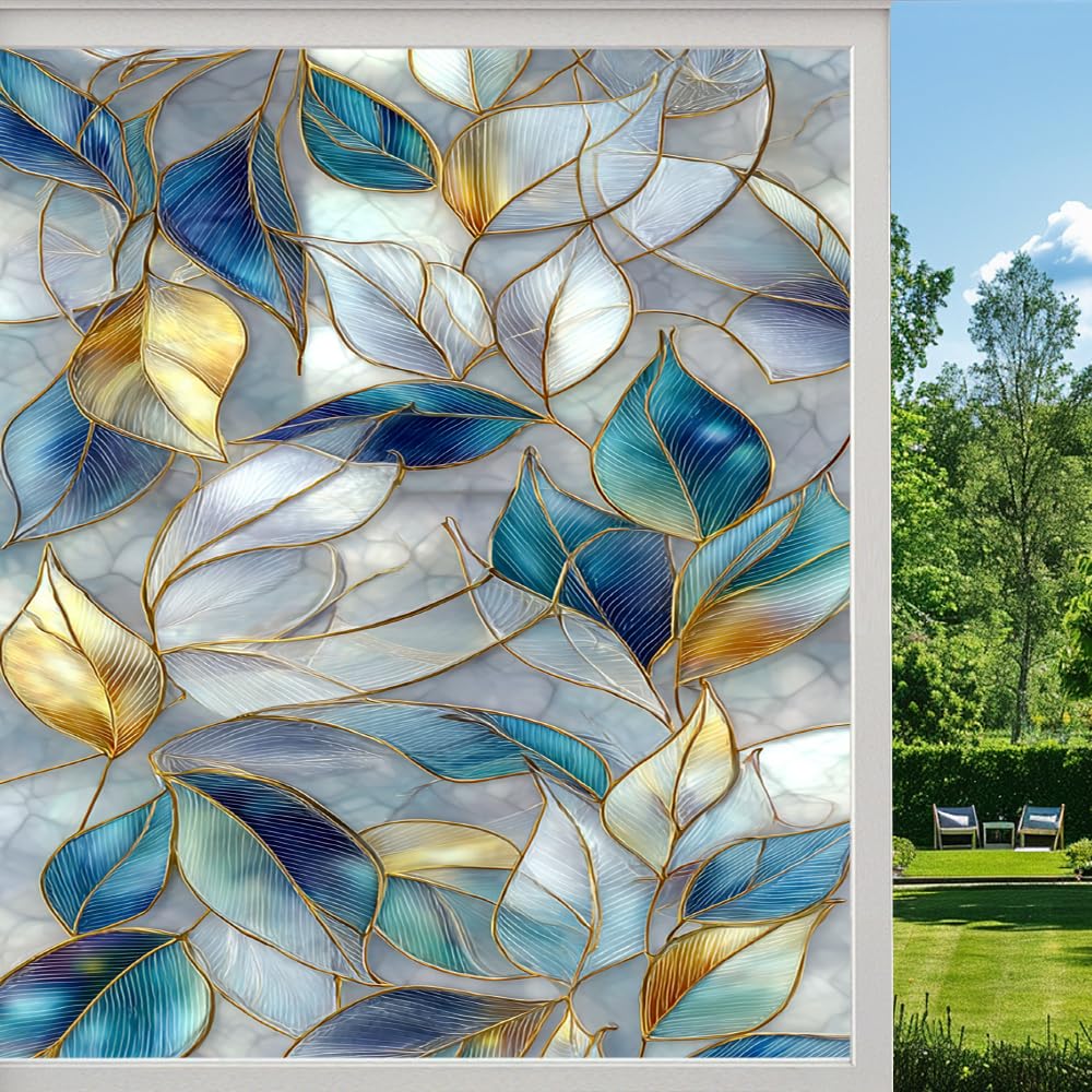 Pmlbaous Retro Leaves Privacy Window Film, Colorful Geometric Abstract Plants Frosted Self-Adhesive Vinyl Cling For Glass Doors Bathroom Windows Sun Blocking Heat Control, （55X100cm）