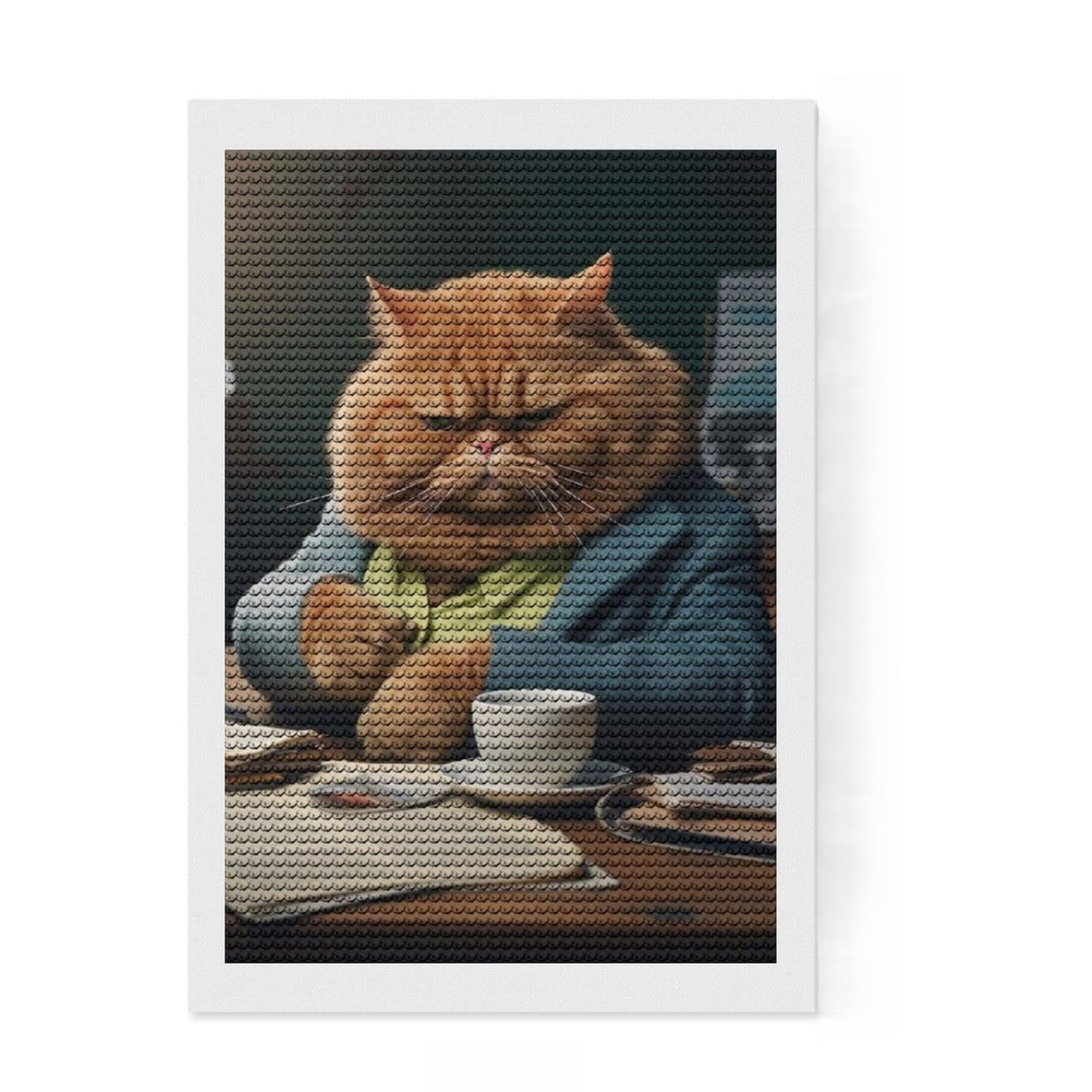 Junmoney Angry Cat in Office Diamond Art Canvas 8"x12", Adhesive Canvas, Calming Craft to Unwind, Boho Decor, Birthday Gift, Easy to Enjoy