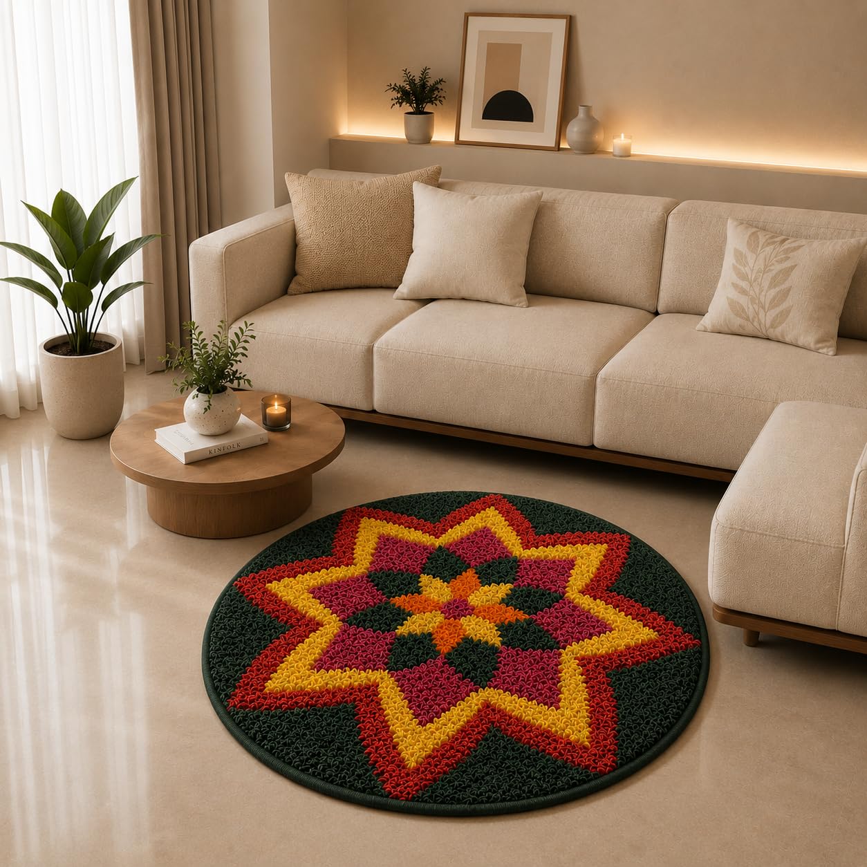 Traditional Modern Round Rangoli Microfiber Antiskid Floor Mat for Home Entrance, Living Room, Bedroom & Pooja Room Decoration-image-15