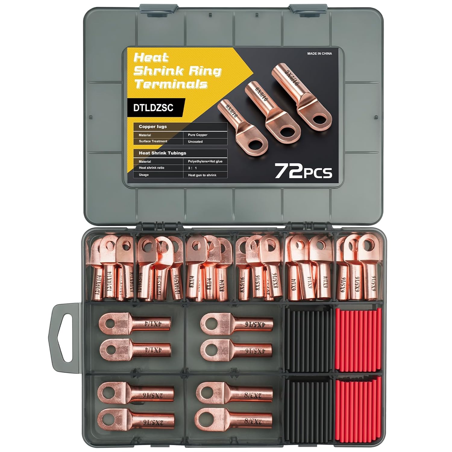 Copper Wire Lugs，Heavy Duty Battery Cable Ends Connectors，AWG12-10 8 6 4 2Gauge，32Pcs Thickened Electric Ring terminals with 40Pcs 3：1Heat Shrink Tubing Assortment Kit (Bare Copper, 72pcs)