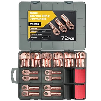Copper Wire Lugs,Heavy Duty Battery Cable Ends Connectors,AWG12-10 8 6 4 2Gauge,32Pcs Thickened Electric Ring terminals with 40Pcs 31Heat Shrink Tubing Assortment Kit Bare Copper, 72pcs