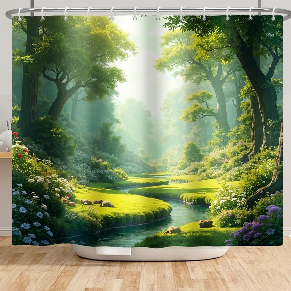 Xiaoterna Floral Plant Shower Curtain Green Spring Nature Forest Bathroom Curtain Green Tall Trees Blooming Flower River Stream Nature Shower Curtain Waterproof Fabric Bathroom Decoration 240x180cm - Image 4