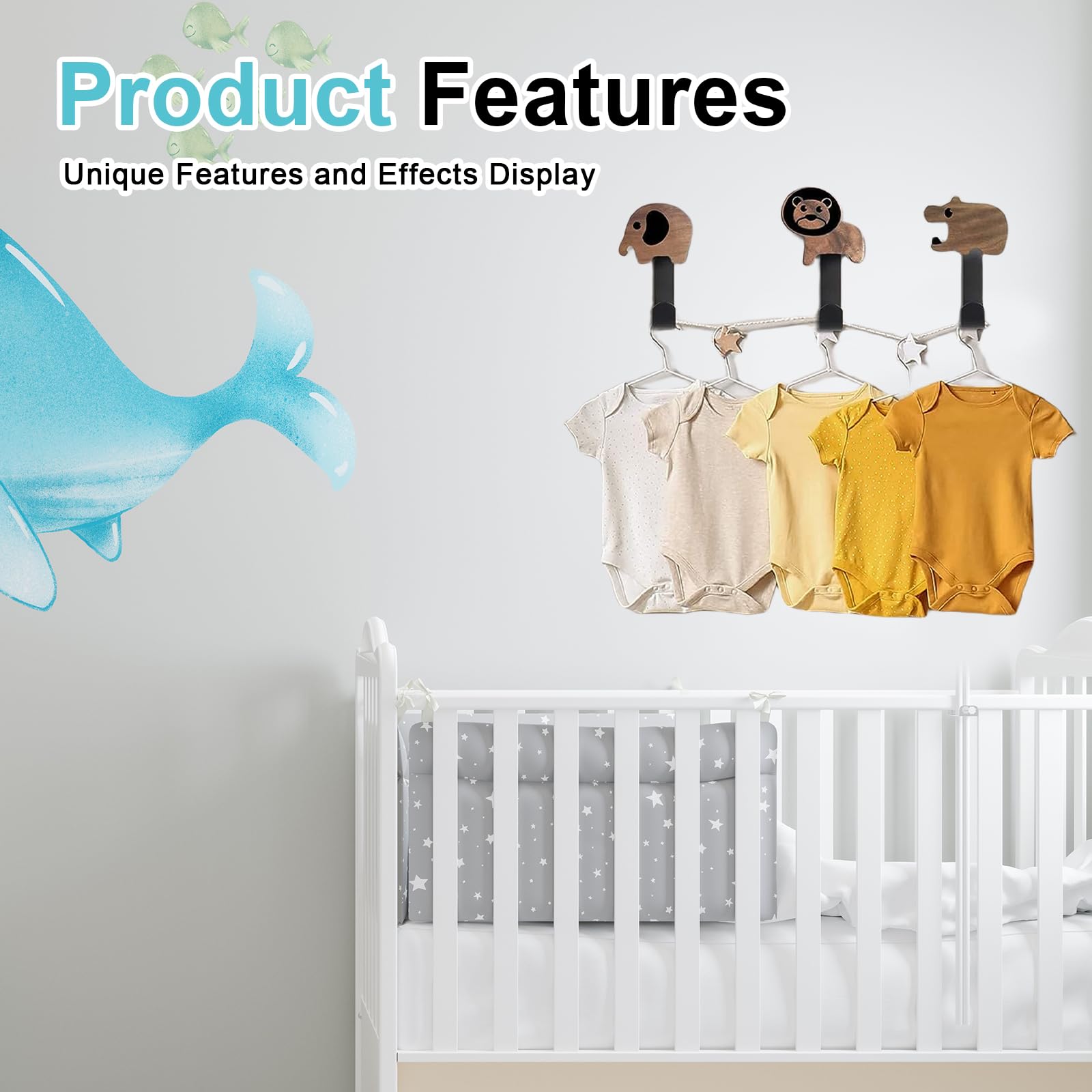 Lot de 5 Crochets à Vêtements en Forme d'Animal : Porte-Manteau pour Enfants en Bois de Noyer, Patère Murale avec Vis pour Chambre à Coucher et Salle de