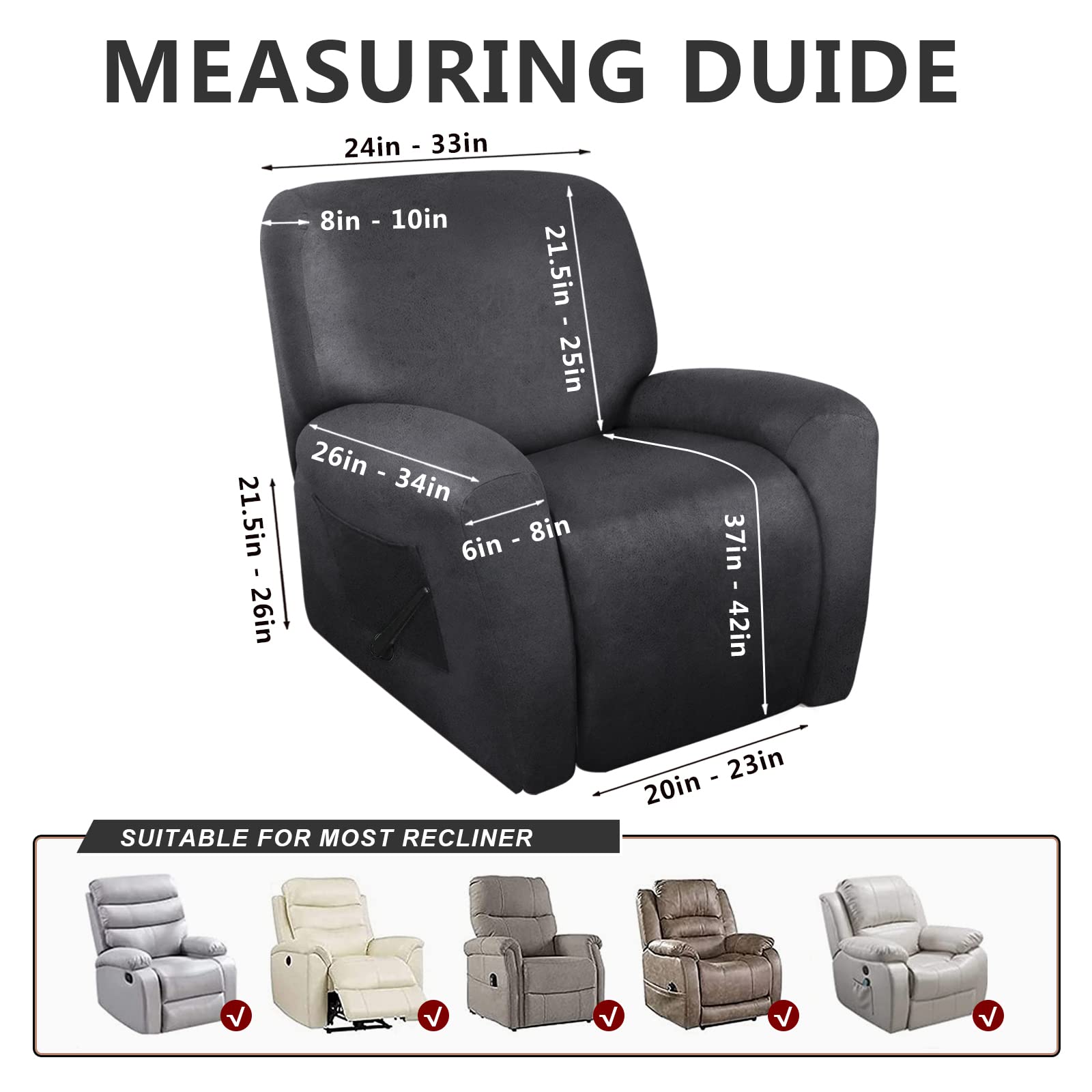 Coperture reclinabili per sedia reclinabile con tasca, 4 pezzi, antiscivolo, morbide e reclinabili, lavabili per bambini, animali domestici (grigio scuro)