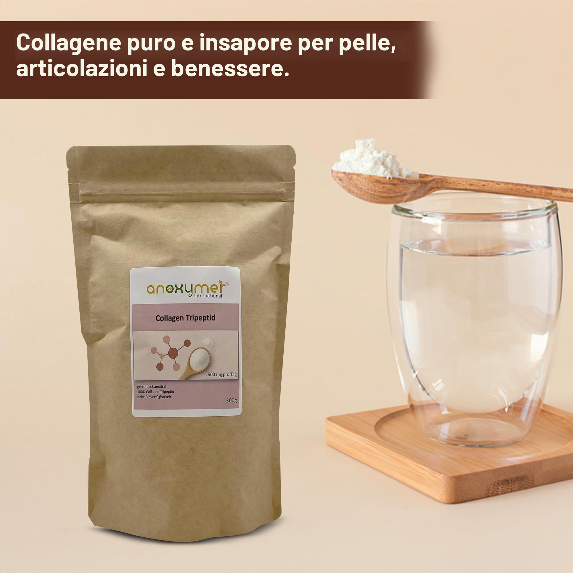Idrolizzato di collagene, tripeptide, 300 g, buona solubilità, insapore, senza additivi, dalla manzo, elevata biodisponibilità, solo 2,5 g al giorno (1 cucchiaino)