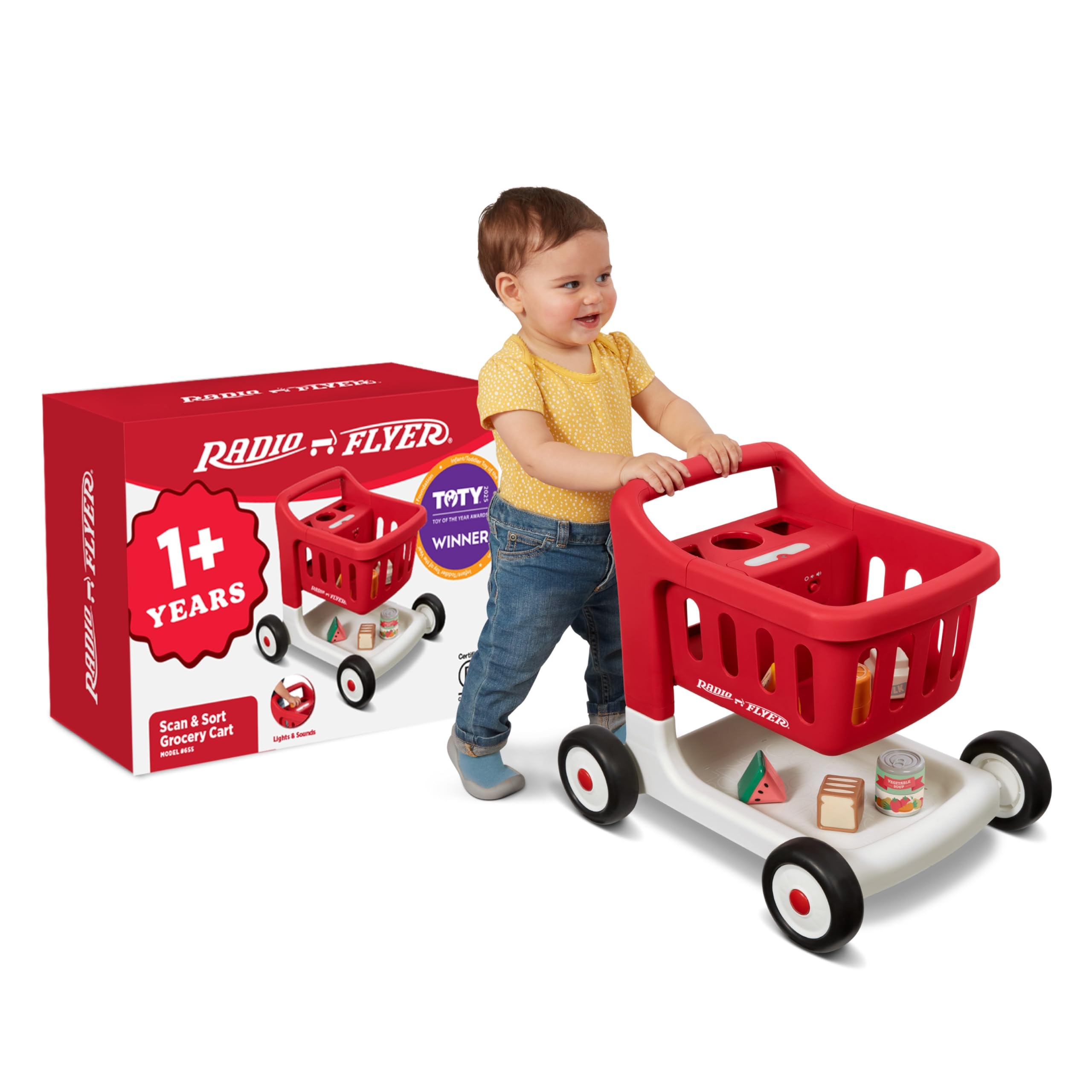 Radio Flyer Toddler Shopping Cart Walker with Wheels, Lights, and Sound for Ages 1+, Educational and Imaginative Play and Walk Behind