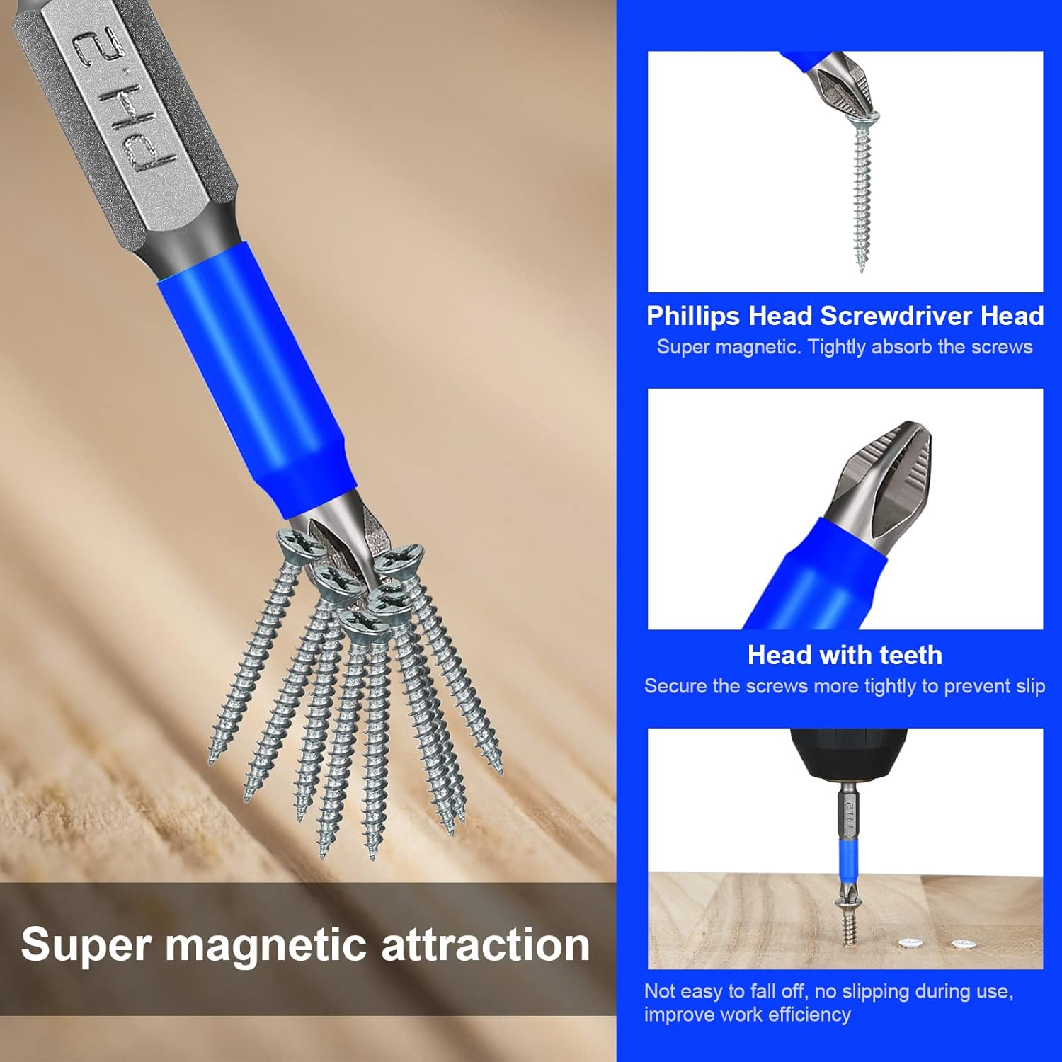 24 Pcs Magnetic Anti Slip Screwdriver Bits Set PH1 PH2 PH3 PZ1 PZ2 PZ3 Impact Driver Bit Set 1/4 Inch Hex Shank Cross Impact Driver Accessories 2 Inch Drill Bit Set for Impact Driver Power Tool, Blue - - 