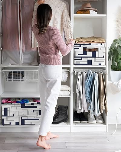 Miniatura 6 de Cesta de almacenamiento azul marino y gris para organizar estantes, cajas de almacenamiento plegables con asa, cesta de lona moderna geométrica