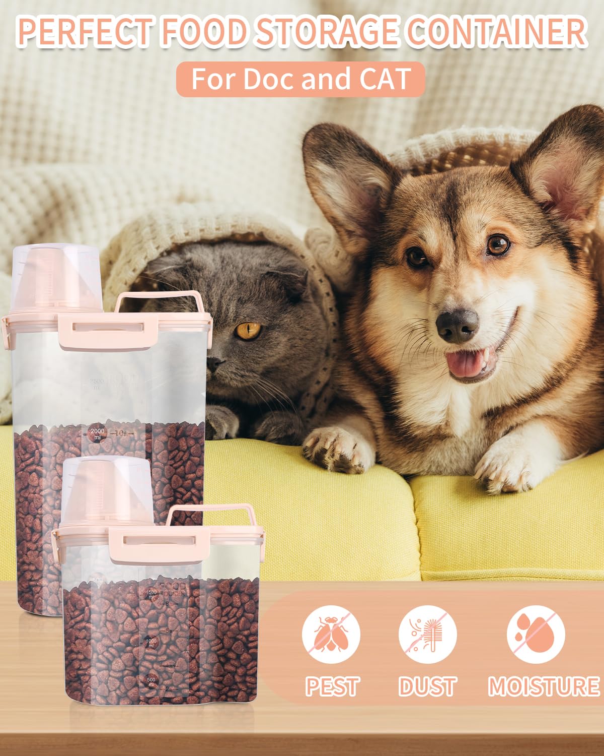 Jutyum 2 Contenedor Comida Perro 3+1.7L, Dosificador Detergente, Botes Almacenaje Cocina, Pienso Perros, Botes Hermeticos