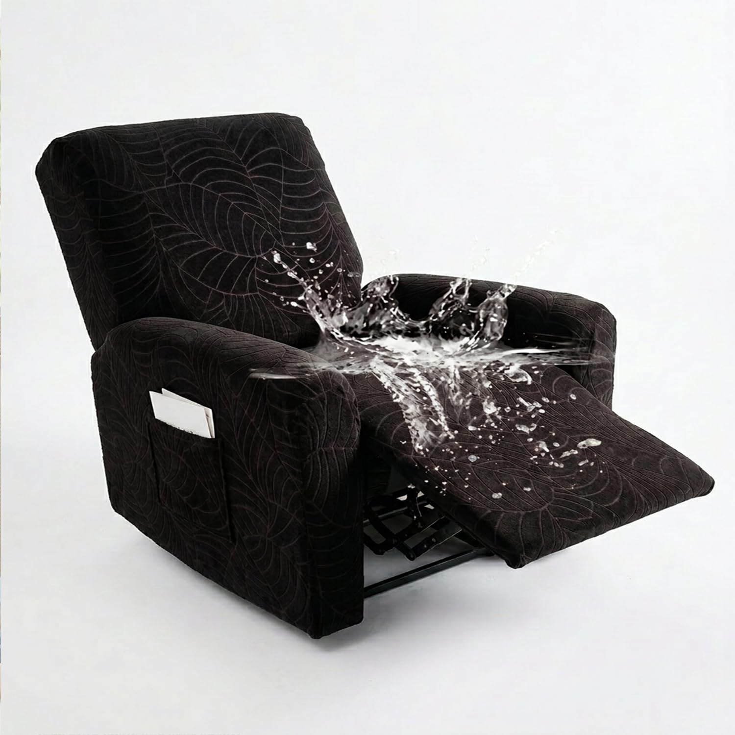 Hearda Recliner Chair Cover 1 Seater, 4 Pieces Splash-proof Recliner Sofa Covers Leaf Pattern, Recliner Slipcover for Electric Chair with Pockets,S tretch Non-Slip Armchair Covers - Black
