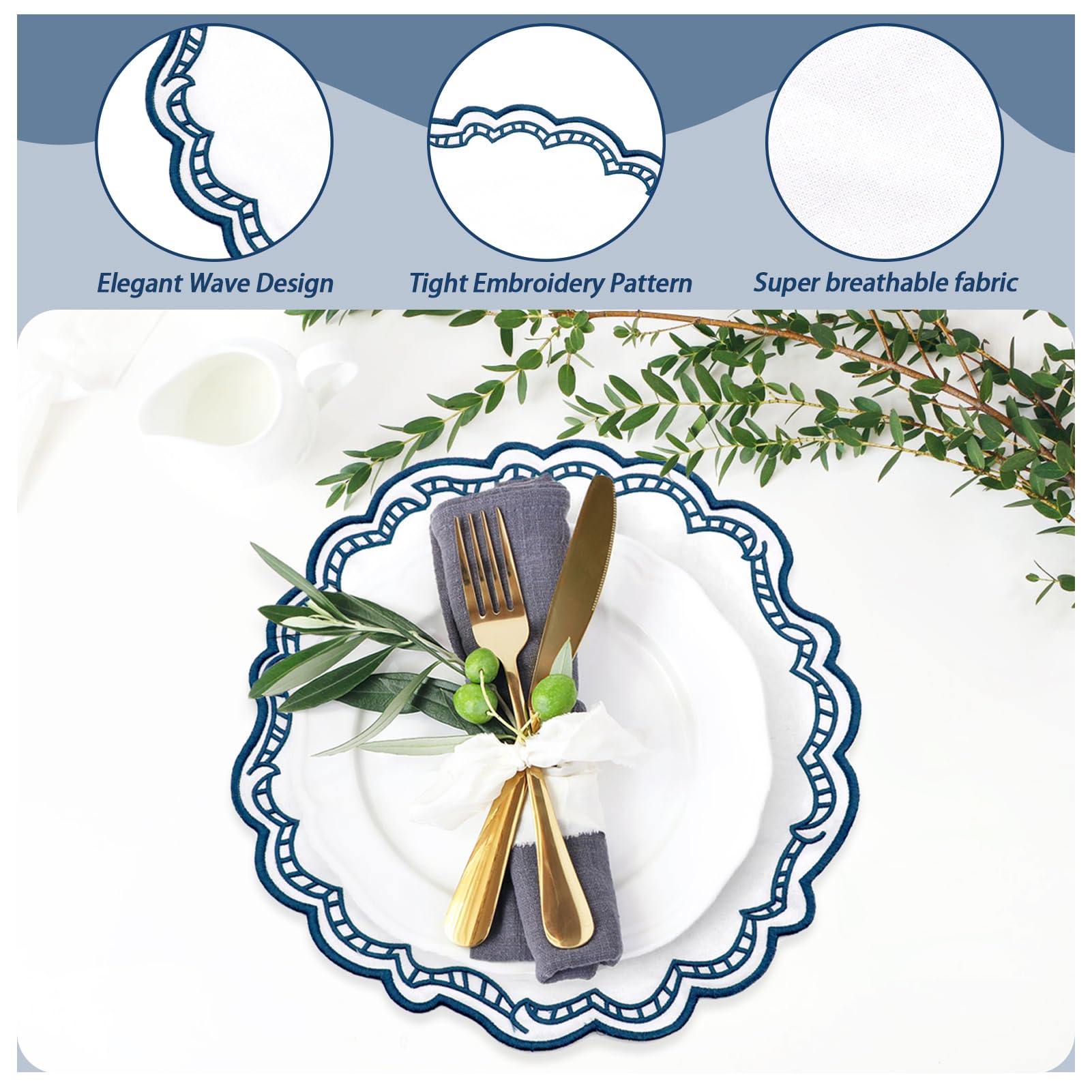 Tischsets Aus Stoff 6 Stück Abwaschbar Doppelseitigen Platzset Rund Platzdeckchen Deko für Küche Speisetisch40 x 40 cm, Weiß/Blau