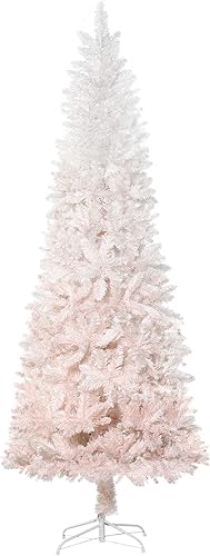 HOMCOM 6 Tall Unlit Pencil Fir Artificial Christmas Tree with Realistic Branches and Steel Base Pink and White