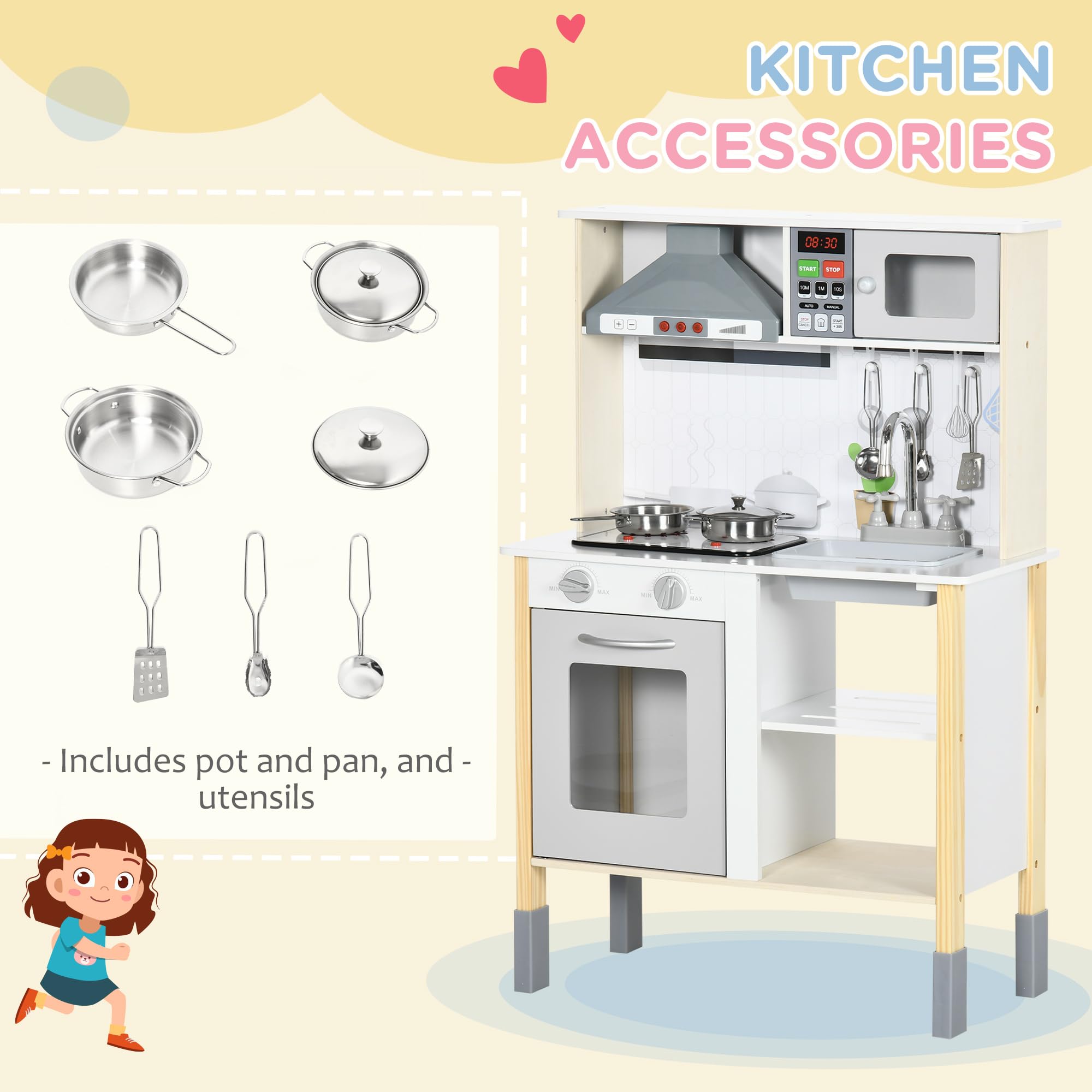 HOMCOM Cucina Giocattolo per Bambini Luci 60x30.5x93.2 cm Grigia e Bianca