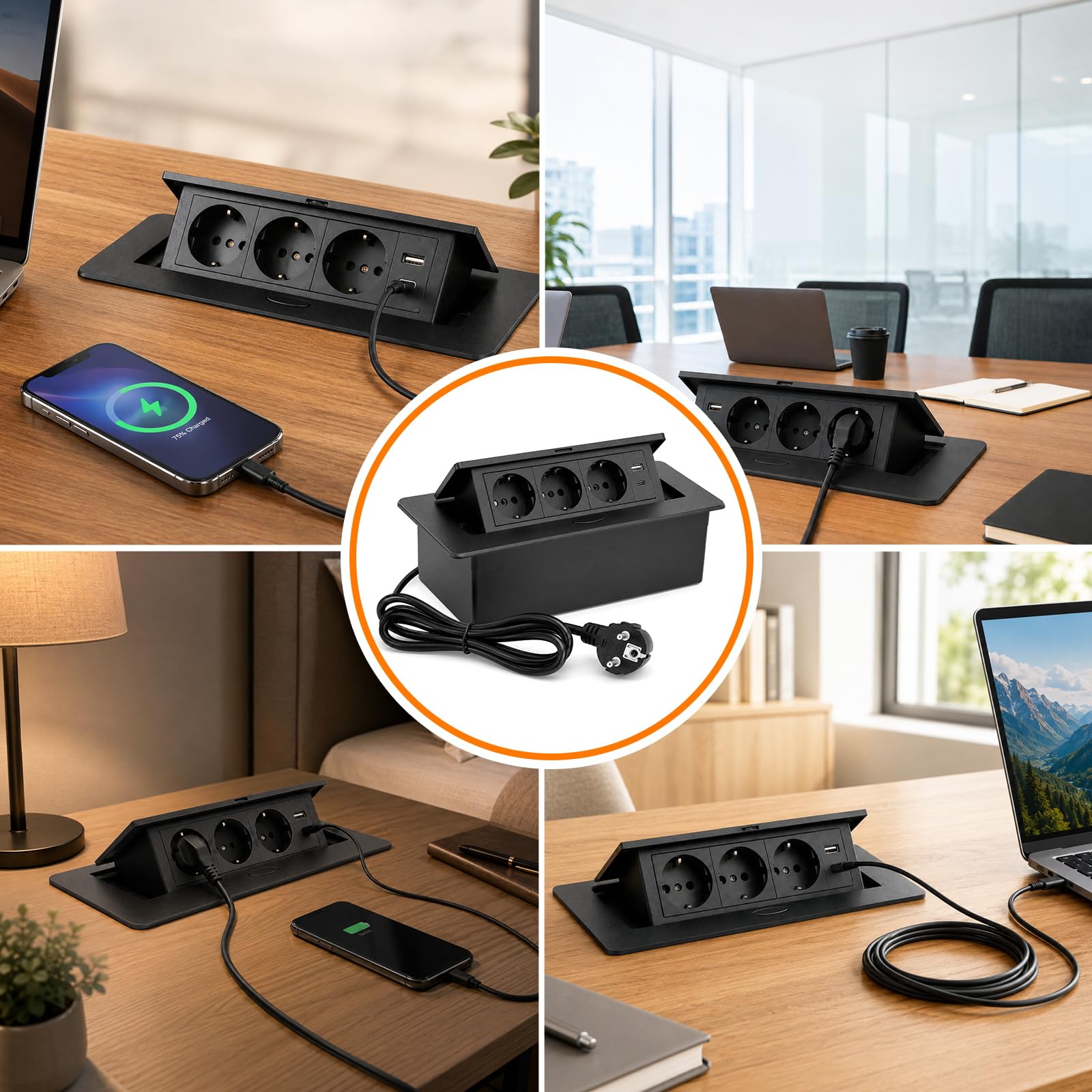 Wysuwane gniazdko, 3680 W/16 A/230 V, 3-krotna listwa zasilająca na biurko, z kablem 1,5 m i 1 m typu C, szybkie ładowanie USB, gniazdko stołowe, oszczędność miejsca, do biura (czarna)