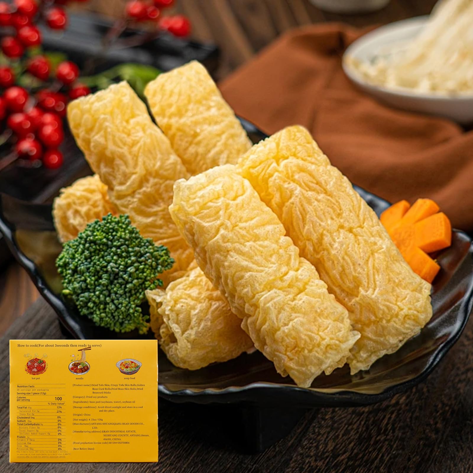 GCYYSIQS Bean Curd Roll,Fried Bean Skin Rolls,120g/4.23oz/bag,Asian Tofu Snack,for Hot Pot, Soup,Noodles响铃卷 (2bags)