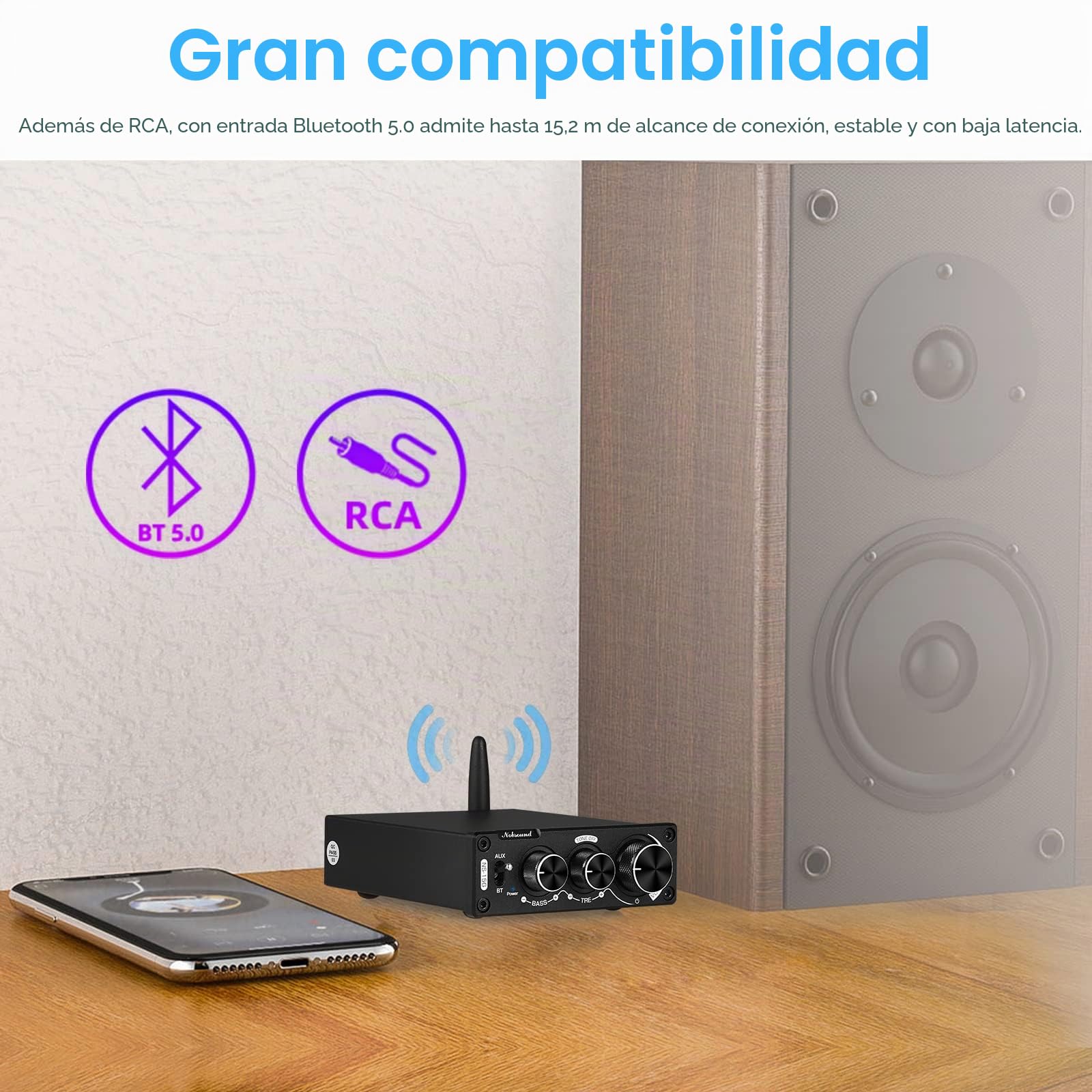 Nobsound Mini Amplificador Digital Bluetooth HiFi Estéreo 200W con ajustes de graves y agudos para altavoces domésticos