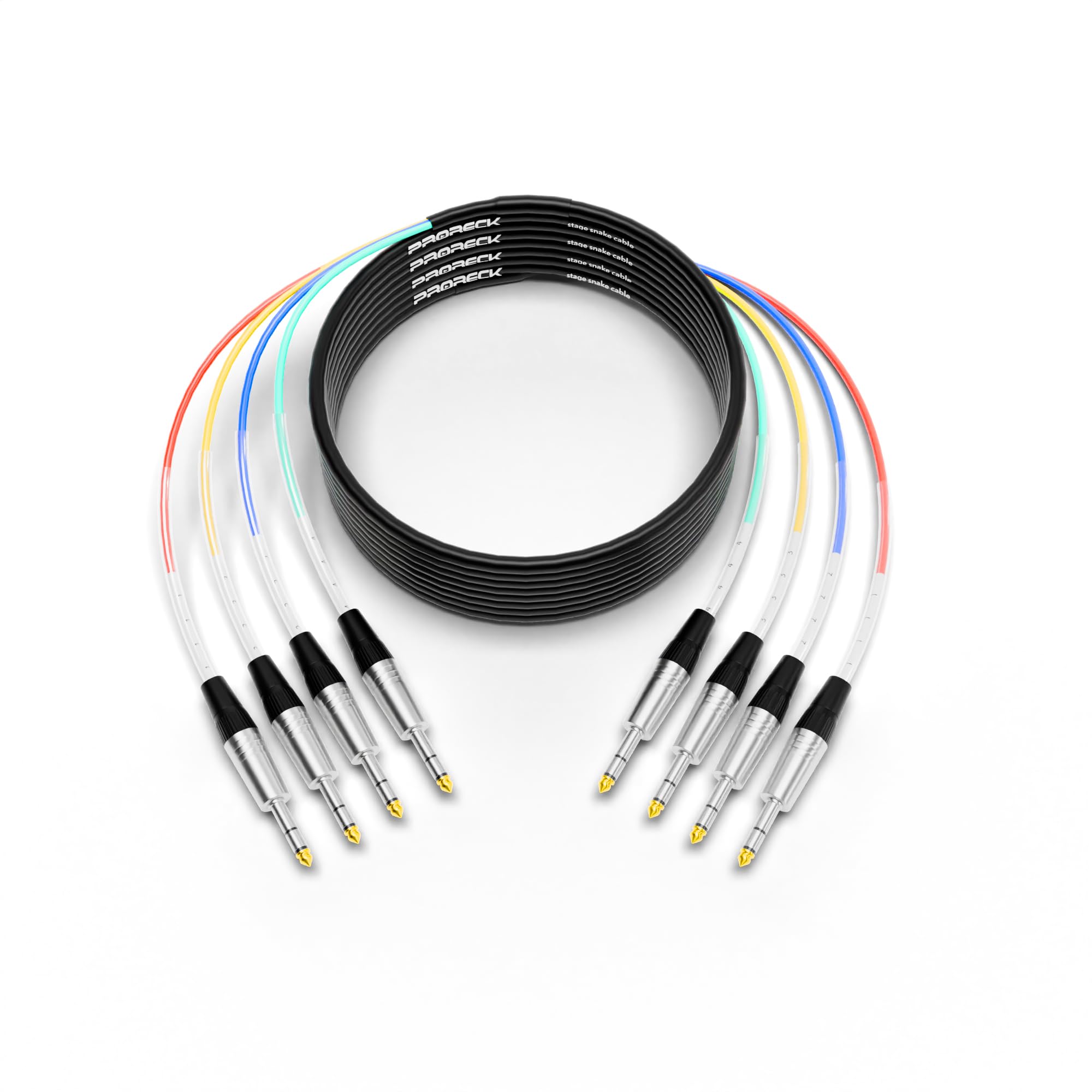 PRORECK Cavo a serpente da 7,6 m, cavo audio schermato a 4 canali, TRS da 1/4" a TRS da 6,35 mm, con connettori contrassegnati a colori per palcoscenico professionale, studio e live (PR-TRS/TRS-4 x