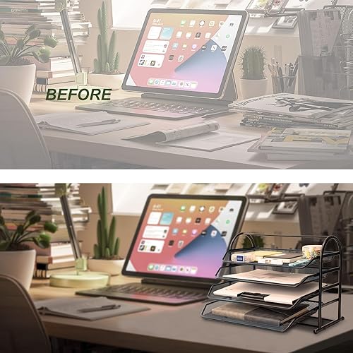 Miniatura 4 de Bandeja de malla de 4 niveles, organizador de papel de escritorio de oficina con bandejas deslizantes para accesorios de escritorio, suministros de