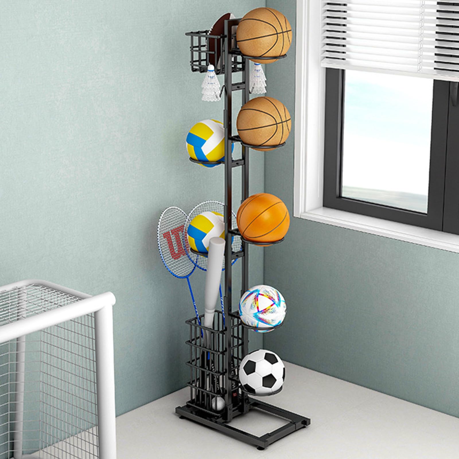Soporte de bolas para rodamientos verticales rack baloncesto almacenamiento multicapa con cesta y ganchos
