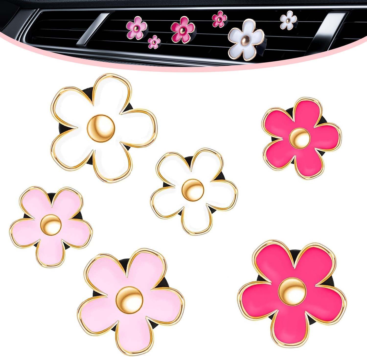 OBTANIM 6 PCS Car Air Vent Clips Colorful Daisy Flower Car Air Freshener Clip Air Conditioning Outlet Clip for Car Interior Decoration Accessories (2 Size, White, Pink, Red)